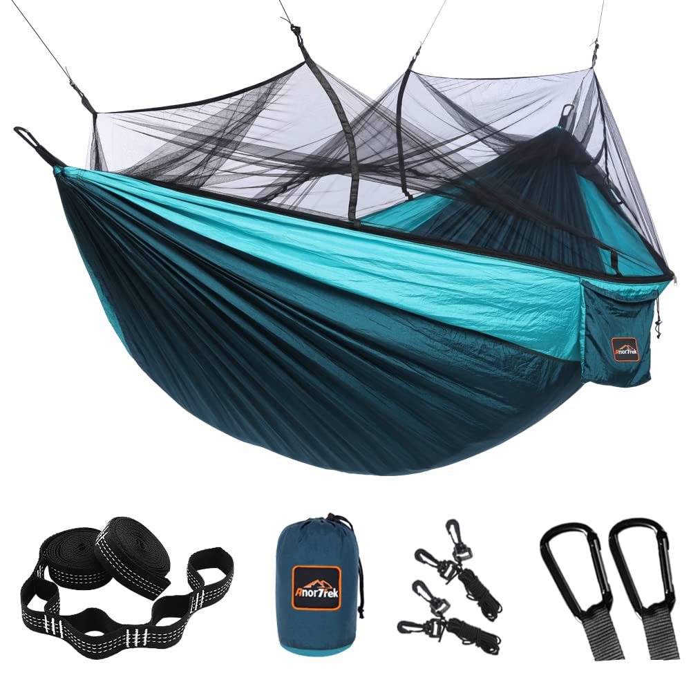 Lightweight Portable Camping Hammock with Mosquito Net - Double & Single Size for Outdoor Adventures | Includes Tree Straps | Perfect for Backpacking, Hiking & Beach Relaxation