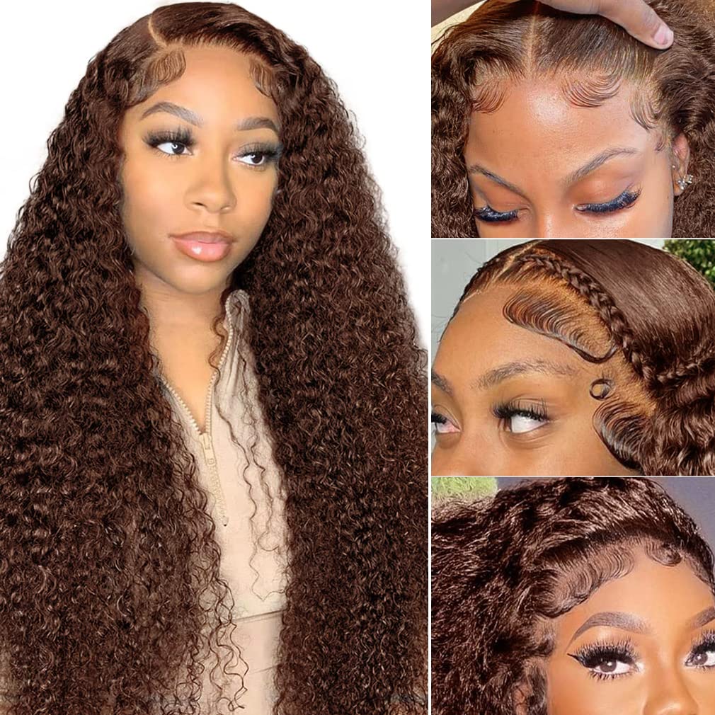 LZGYE 24 Inch Chocolate Brown Deep Wave Lace Front Wig - 100% Human Hair #4 Colored 13x4 HD Lace Frontal Wig for Women | Pre-Plucked with Baby Hair, 150% Density | Perfect for Daily Wear, Parties & Special Occasions