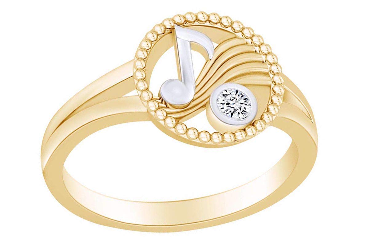 Round White Natural Diamond Accent Two Tone Musical Note Solitaire Ring - Elegant Jewelry Gift for Musicians, Brides & Music Lovers