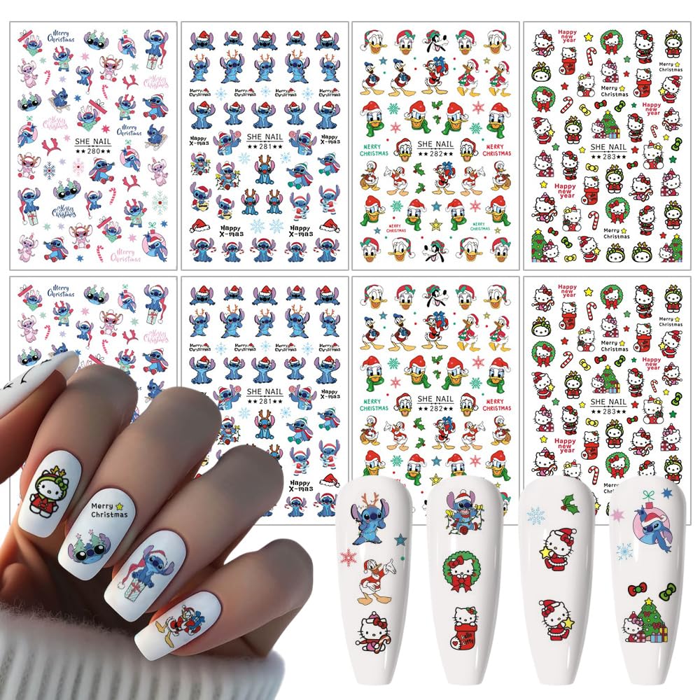 Christmas Nail Stickers - 3D Self-Adhesive Xmas Nail Decals for Women, DIY Holiday Nail Art (Snowflake & Santa Designs)