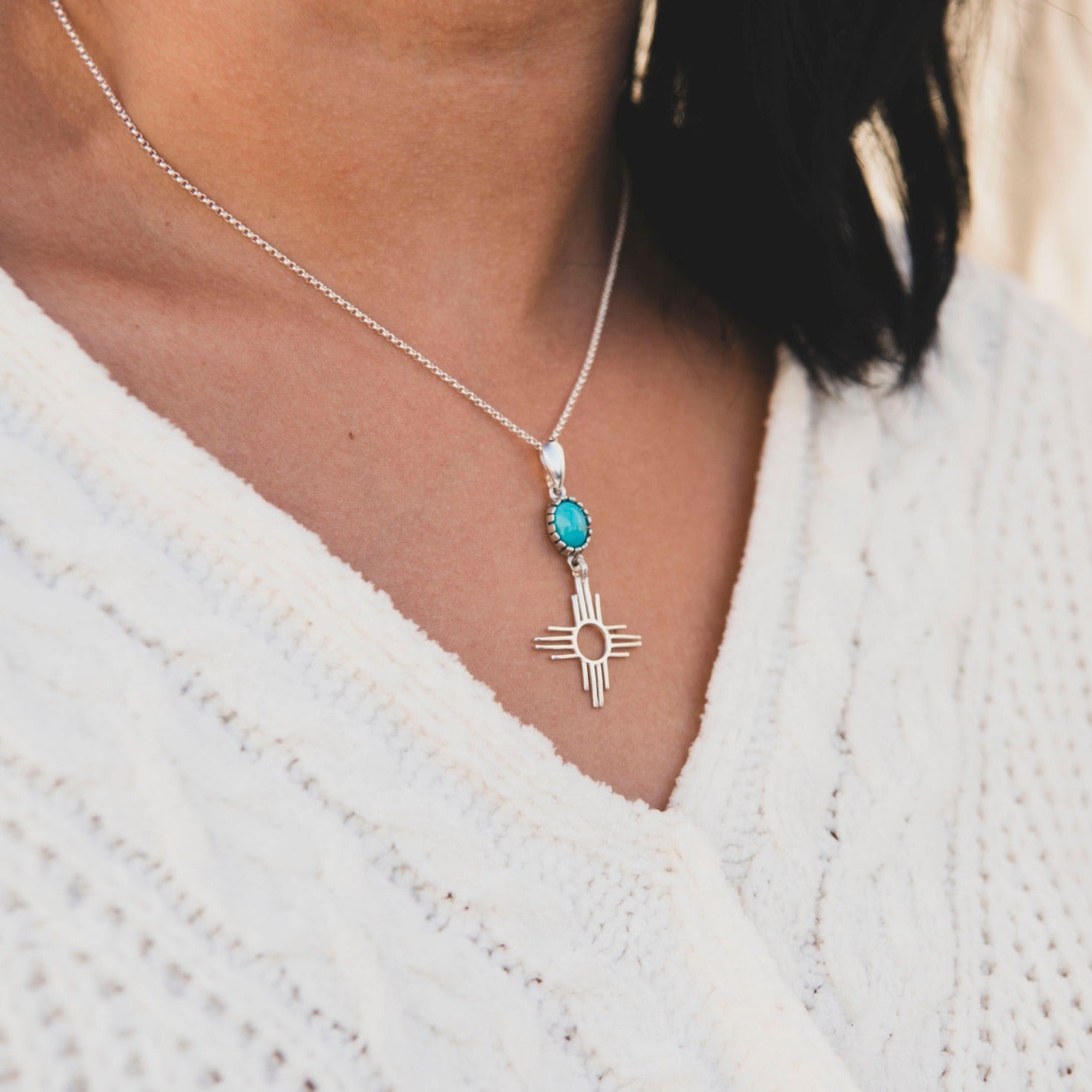 Turquoise Zia Pendant Necklace - Handmade Southwest Jewelry with Sterling Silver | Perfect for Boho Fashion, Gift Giving & Spiritual Protection