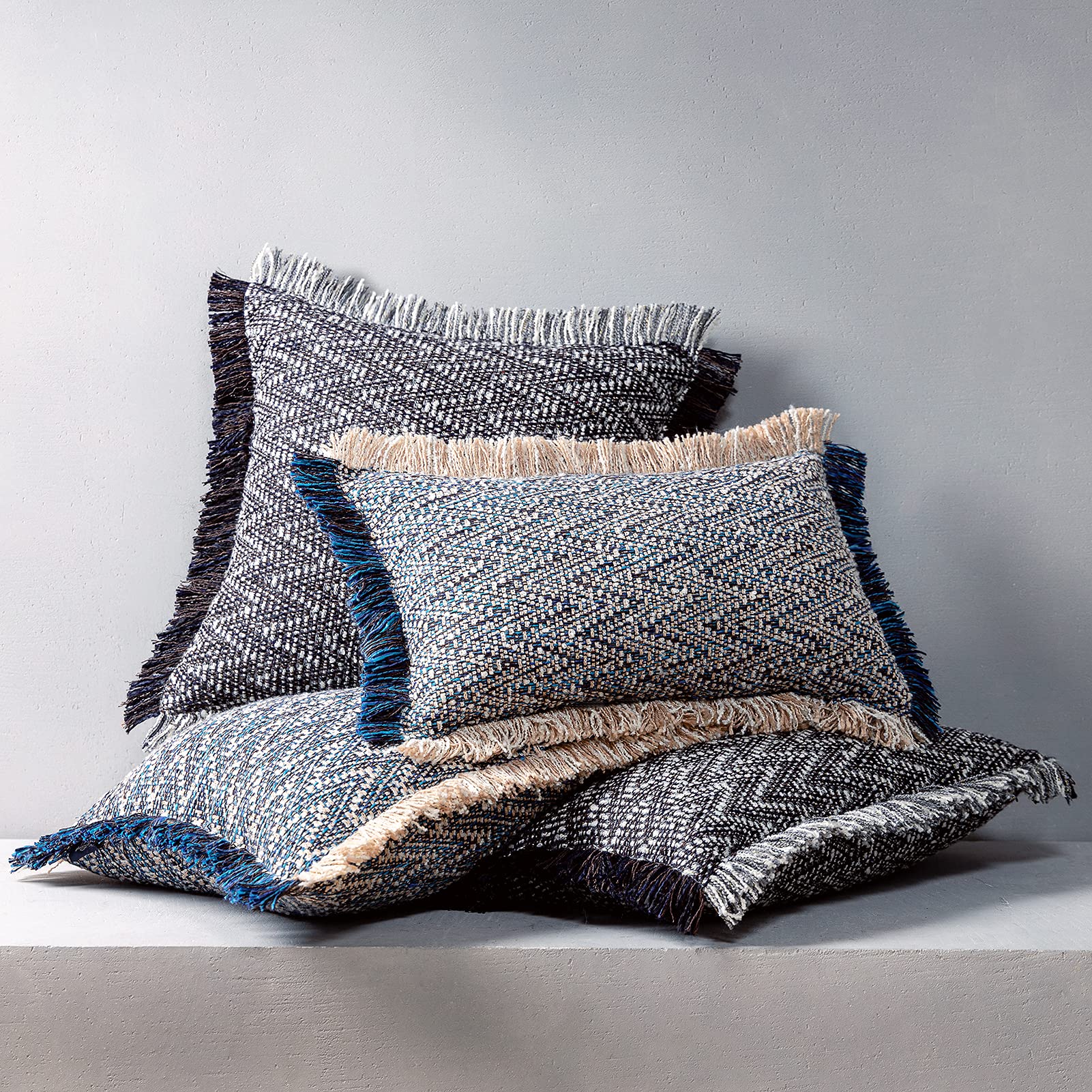 Bohemian Decorative Throw Pillow Cover with Insert - 20x20 Inch Handwoven Textured Square Cushion with Fringe Trim, Dark Blue Farmhouse Style Pillow for Sofa, Bed & Home Decor