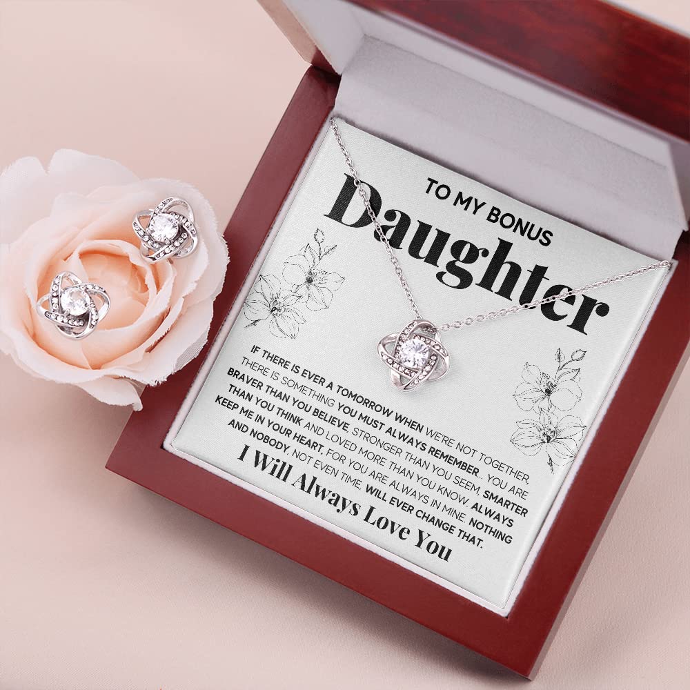 OC9 Sterling Silver Love Knot Necklace & Earrings Set for Daughter - Birthday, Graduation, Christmas Gift with LED Jewelry Box & Message Card - Perfect for Stepdaughter, Goddaughter, or Special Girl in Your Life (Ideal for Prom, Anniversary, or Everyday Wear)