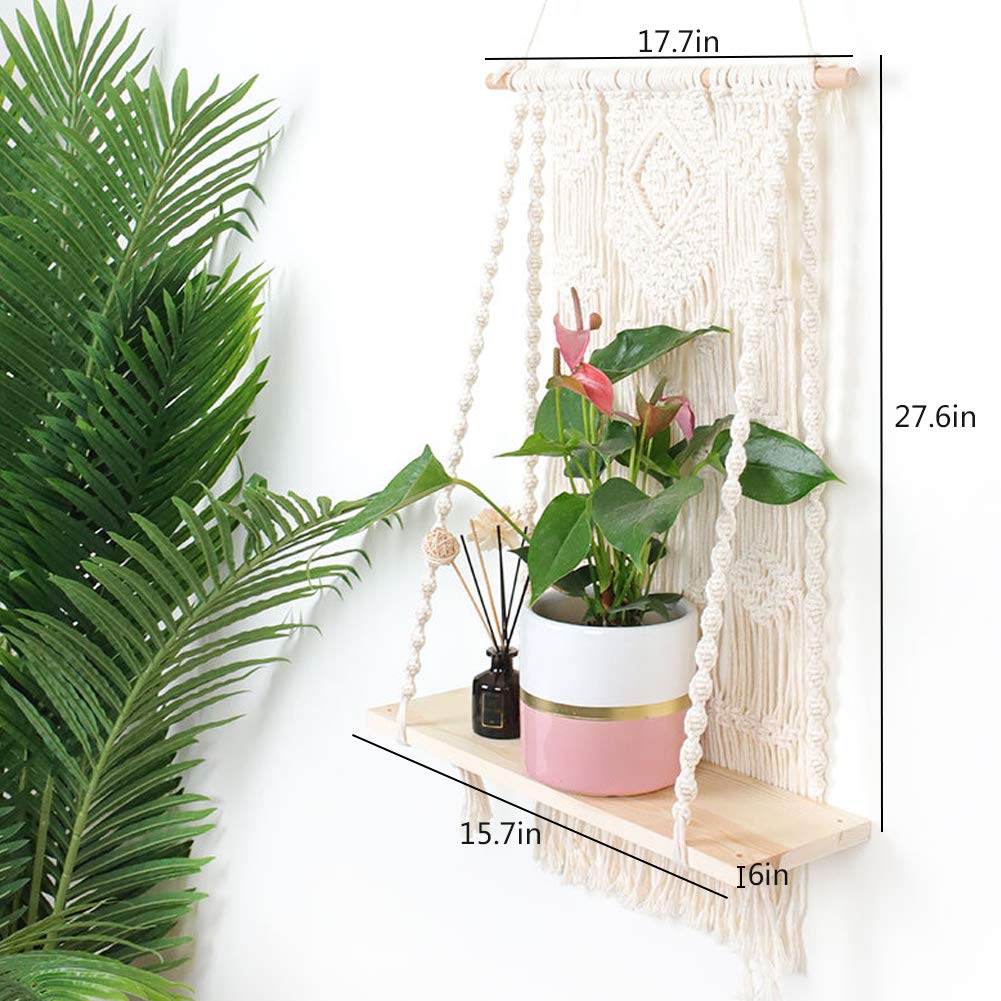 Handmade Macrame Wall Hanging Shelf - Boho Wooden Shelf Organizer with Rope Hanger for Plants | Home Decor for Living Room, Bedroom & Boho Style Spaces