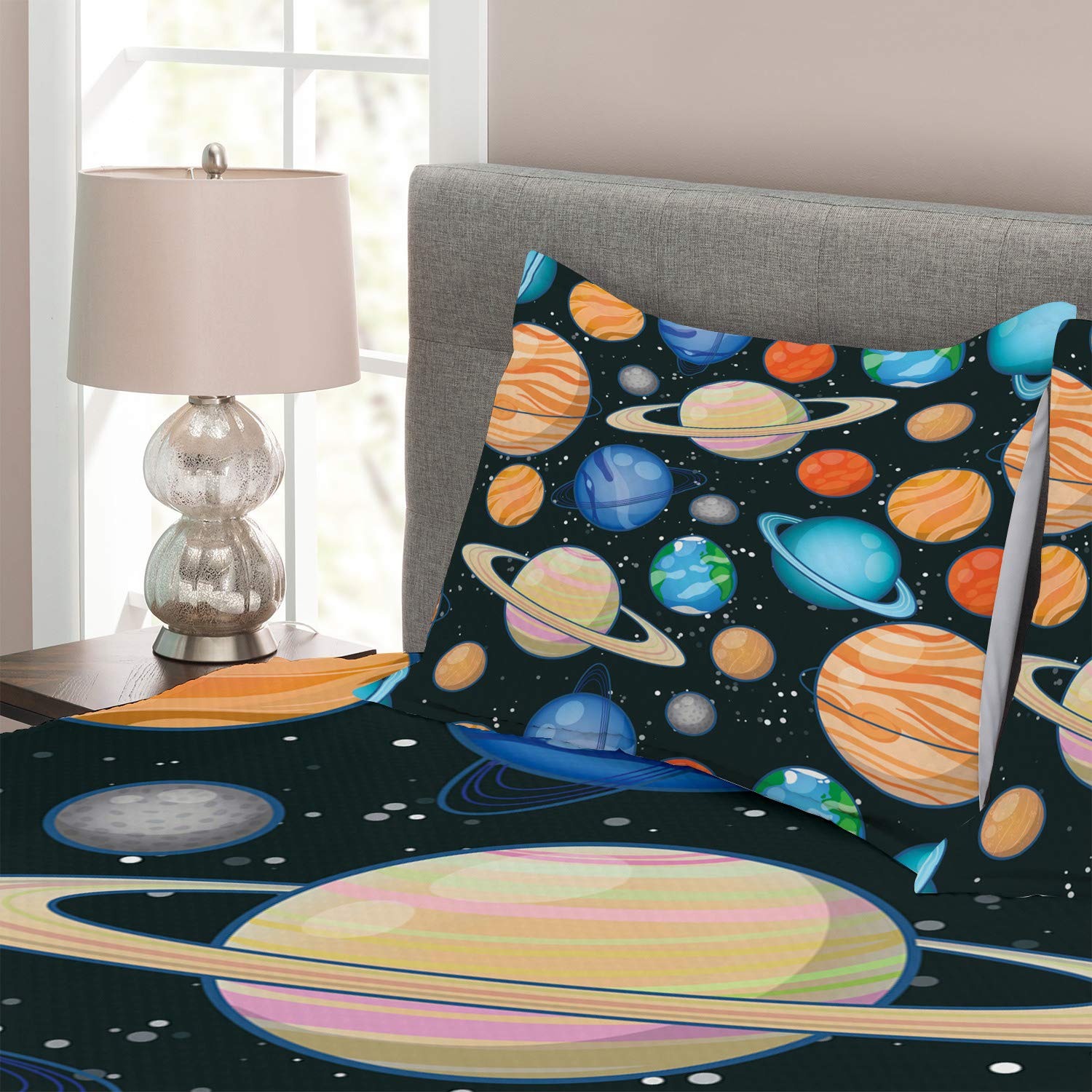 Ambesonne Galaxy Bedspread Set - King Size 3-Piece Space Themed Bedding with Solar System Planets Print (Comforter + 2 Pillow Shams) | Perfect for Astronomy Lovers, Sci-Fi Decor & Cosmic Themed Bedrooms