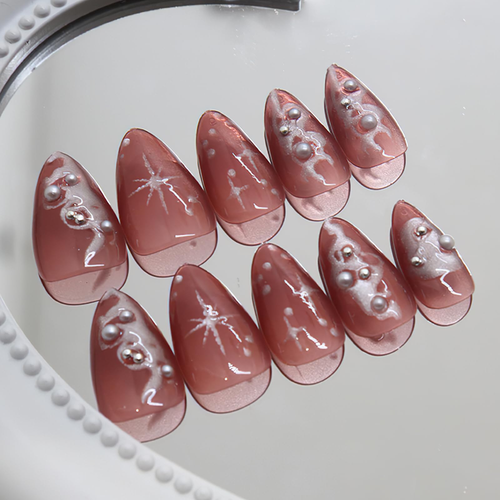 Dark Pink Short Almond Press on Nails with Pearl Design & Gothic Silver Stars - Glossy Y2K Style Fake Nails for Women (30Pcs) | Full Cover Glue on Artificial Nails with Irregular Liquid Pattern | Perfect for Parties, Weddings & Gothic Fashion