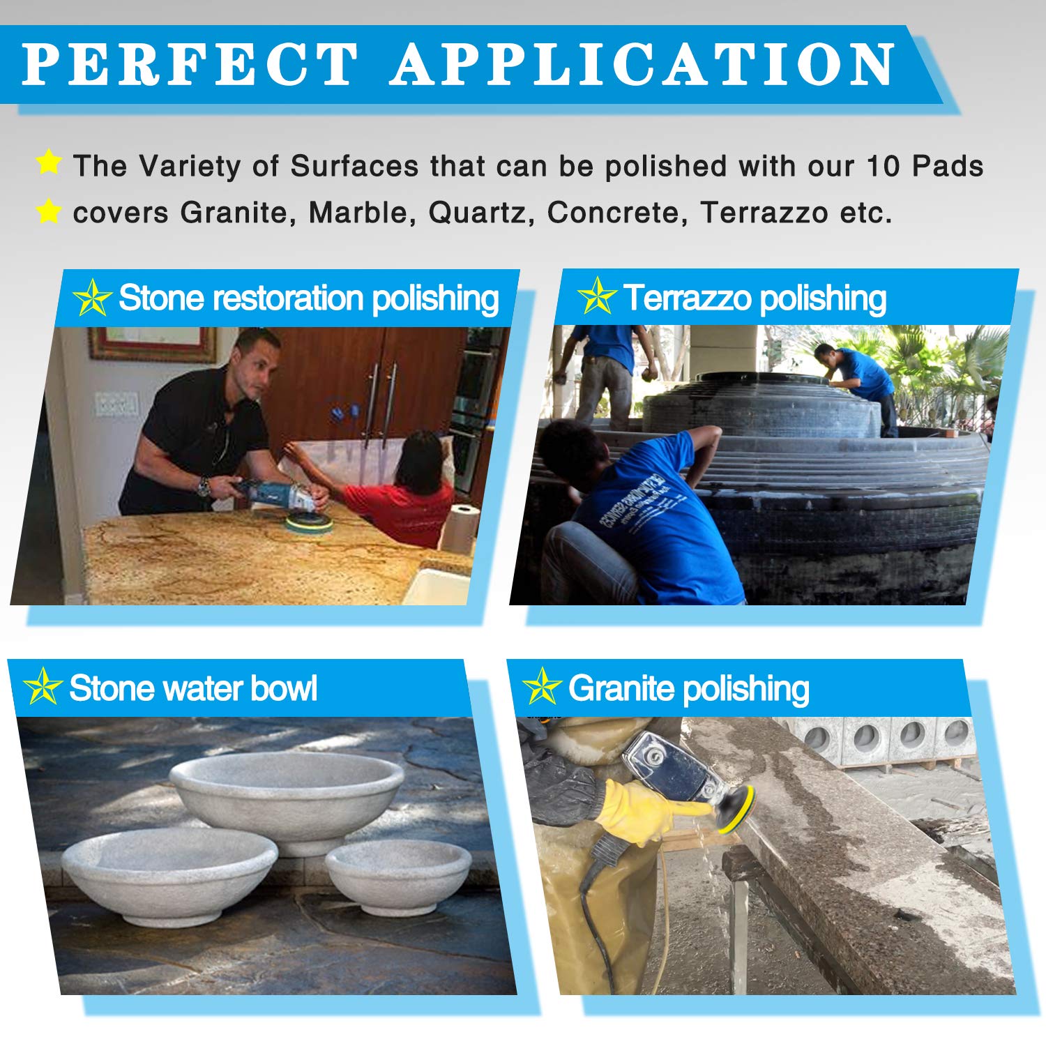 12 Pack 4 Inch Diamond Polishing Pads Set - Wet/Dry Polishing Kit with 10pcs 50#-3000# Grit Pads & 2pcs Hook and Loop Backer Pads for Granite, Stone, Concrete, Marble - Perfect for Floor Grinding, Polishing & Surface Restoration