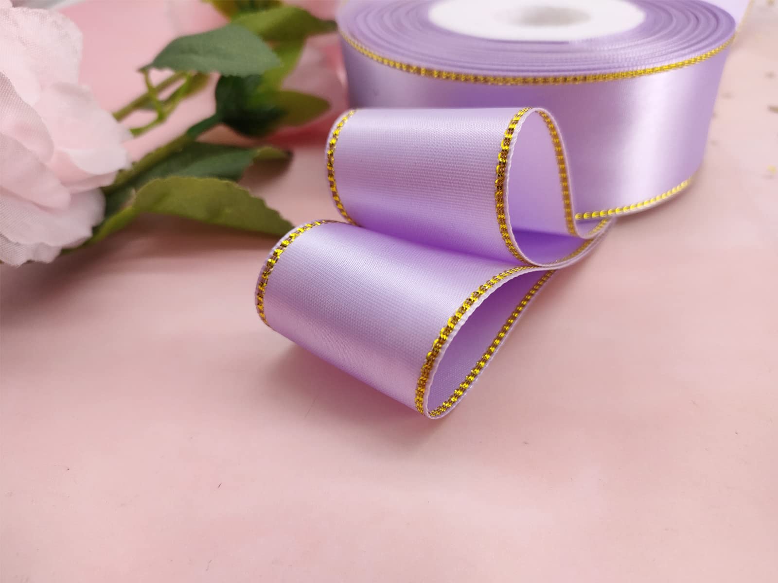 1 1/2 Inch Wide Lavender Satin Ribbon with Gold Edge - 25 Yards Continuous Roll - Double Faced Gift Wrapping Ribbon for Wedding, Baby Shower, Party Decorations & Craft Projects - Sparkly Decorative Ribbon for DIY, Gift Packaging & Event Decor