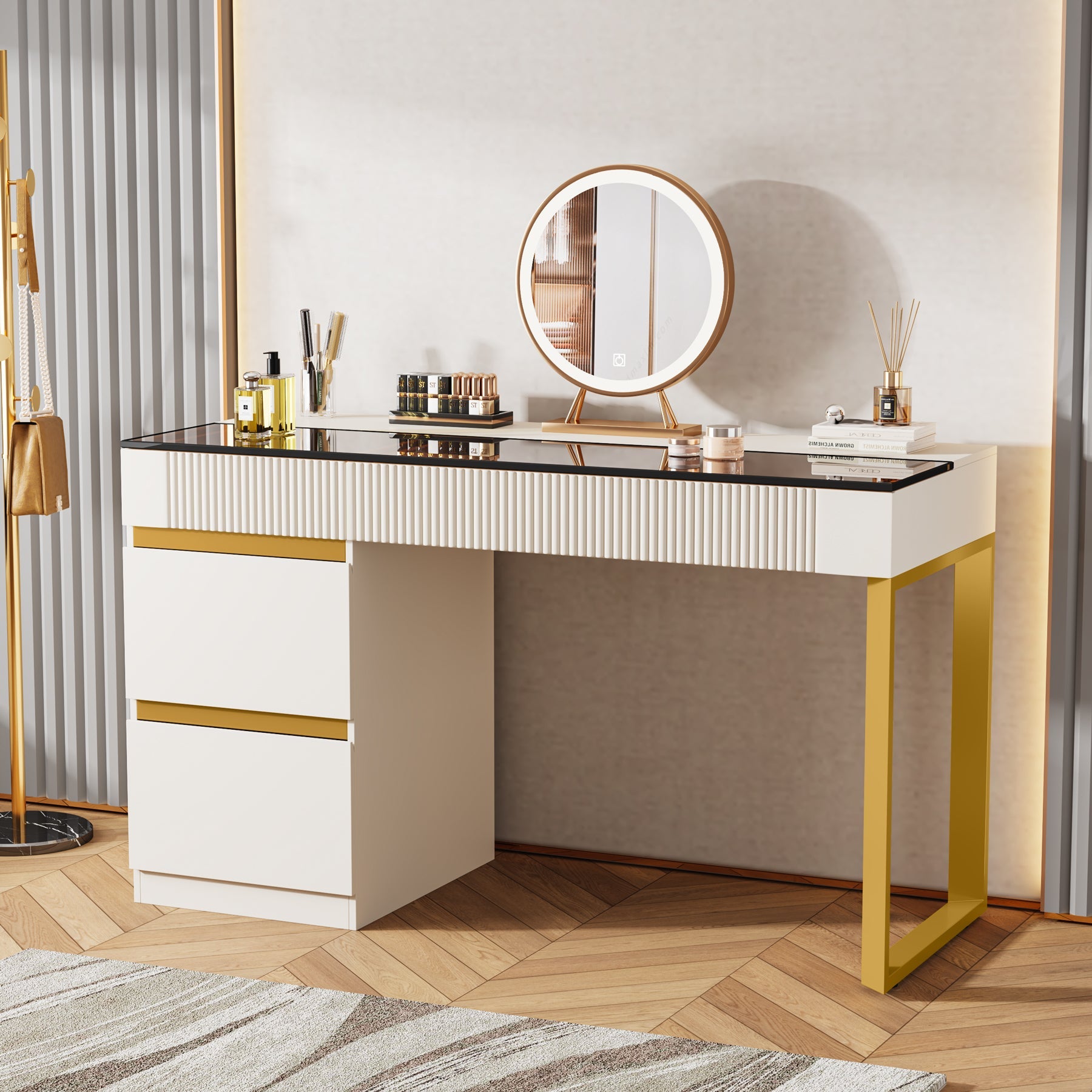 4 Drawer Makeup Vanity with Glass Top - Modern Dressing Table for Bedroom & Bathroom (No Mirror Included) - Perfect for Cosmetics Storage & Beauty Organization