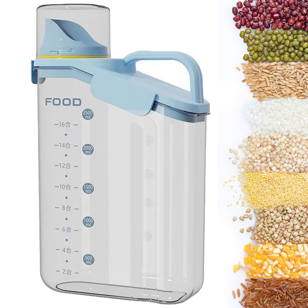 Airtight Rice Storage Container with Measuring Cup & Pour Spout - 2800ML Kitchen Food Storage for Rice, Grains, Oatmeal & Flour - Perfect for Pantry Organization & Bulk Food Storage (Blue)