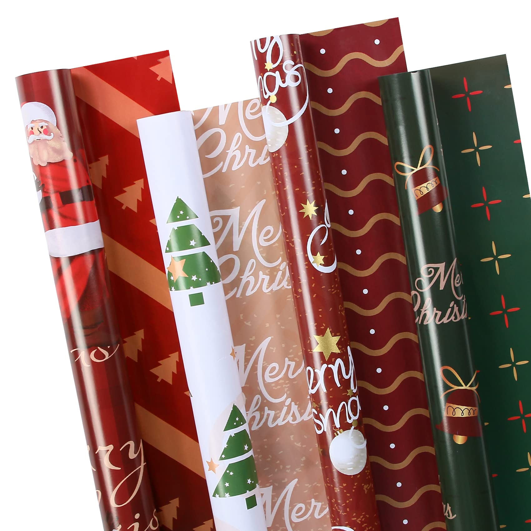 Christmas Wrapping Paper - Reversible Santa Green Red Gold Glitter Star Holiday Gift Wrap - 8 Folded Sheets (35
