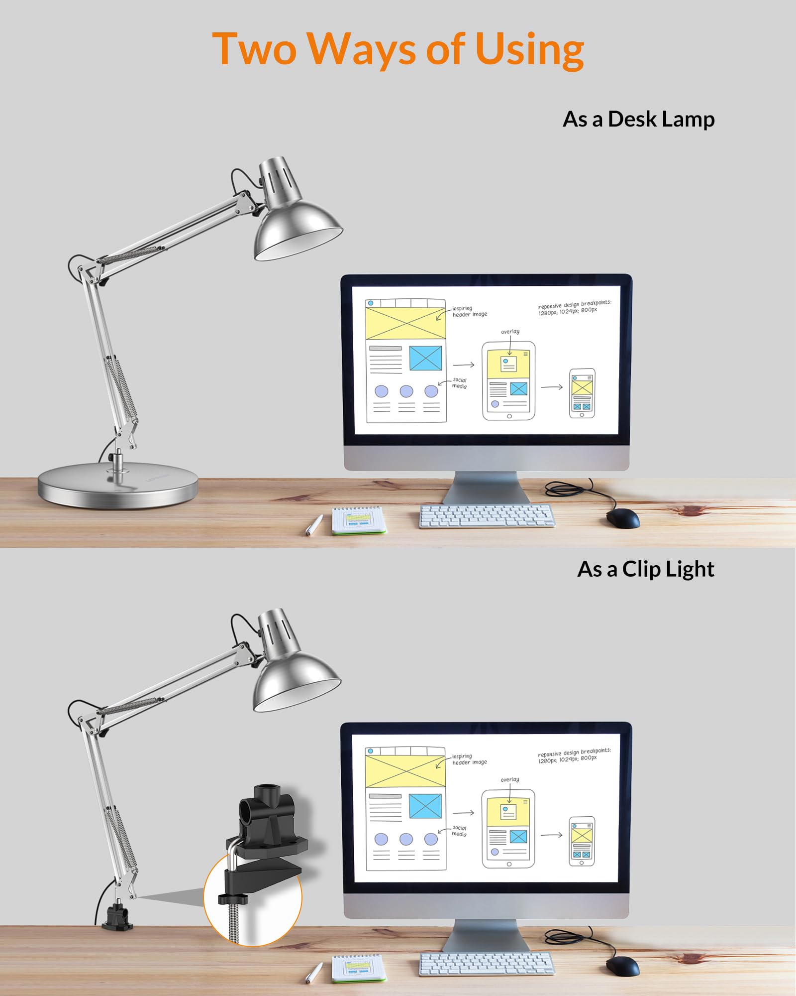 LEPOWER Adjustable Metal Desk Lamp with Clamp - Architect Swing Arm Task Light, Eye-Caring Reading Lamp for Study, Office & Bedroom - Silver (Perfect for Late-Night Work, Reading & Home Office Setup)