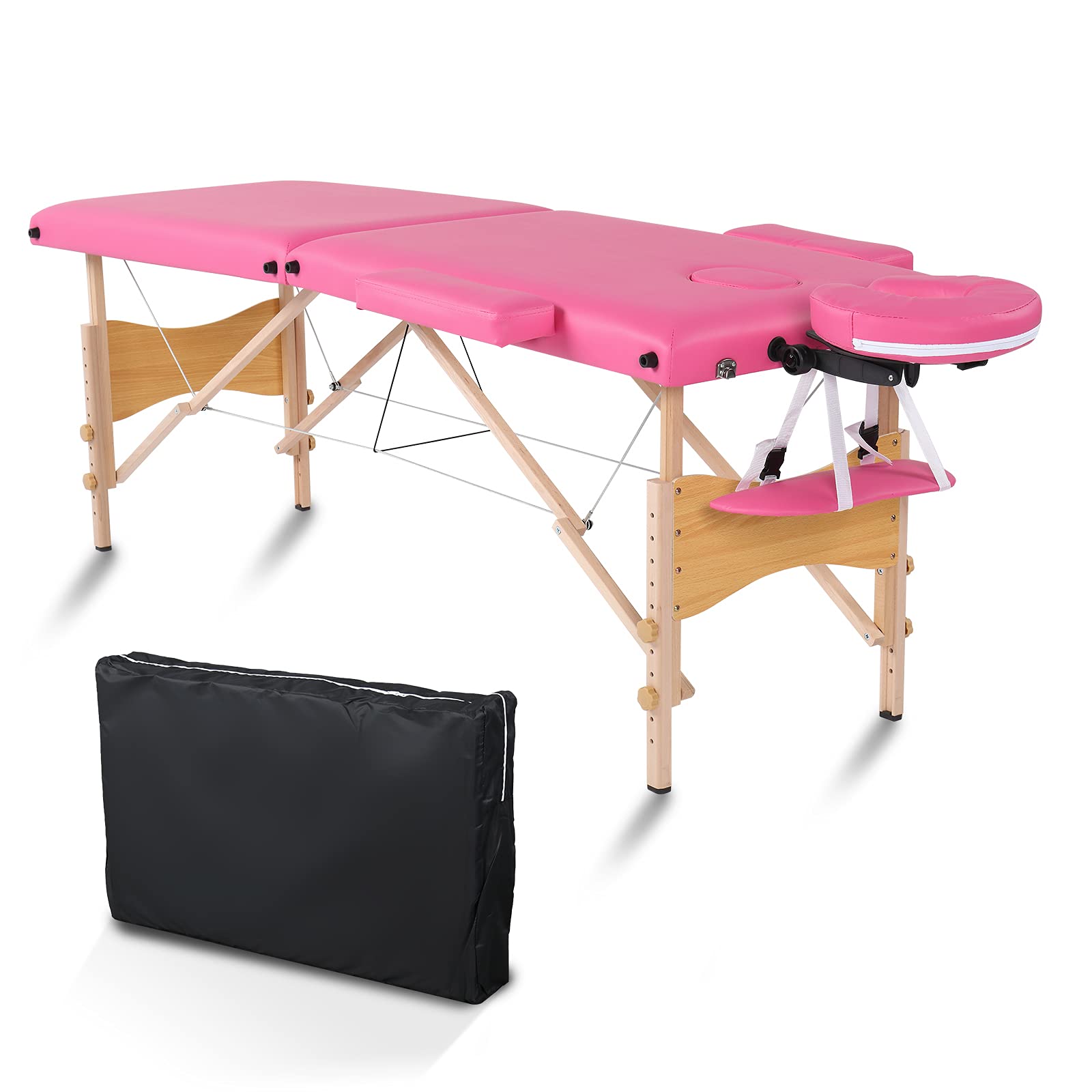 Ovovo 84 Inch 2-Section Folding Portable Massage Table with Beech Wood Legs - 60CM Wide Adjustable Height, Pink - Fast US Shipping | Perfect for Spa, Salon, Home Massage & Professional Therapists