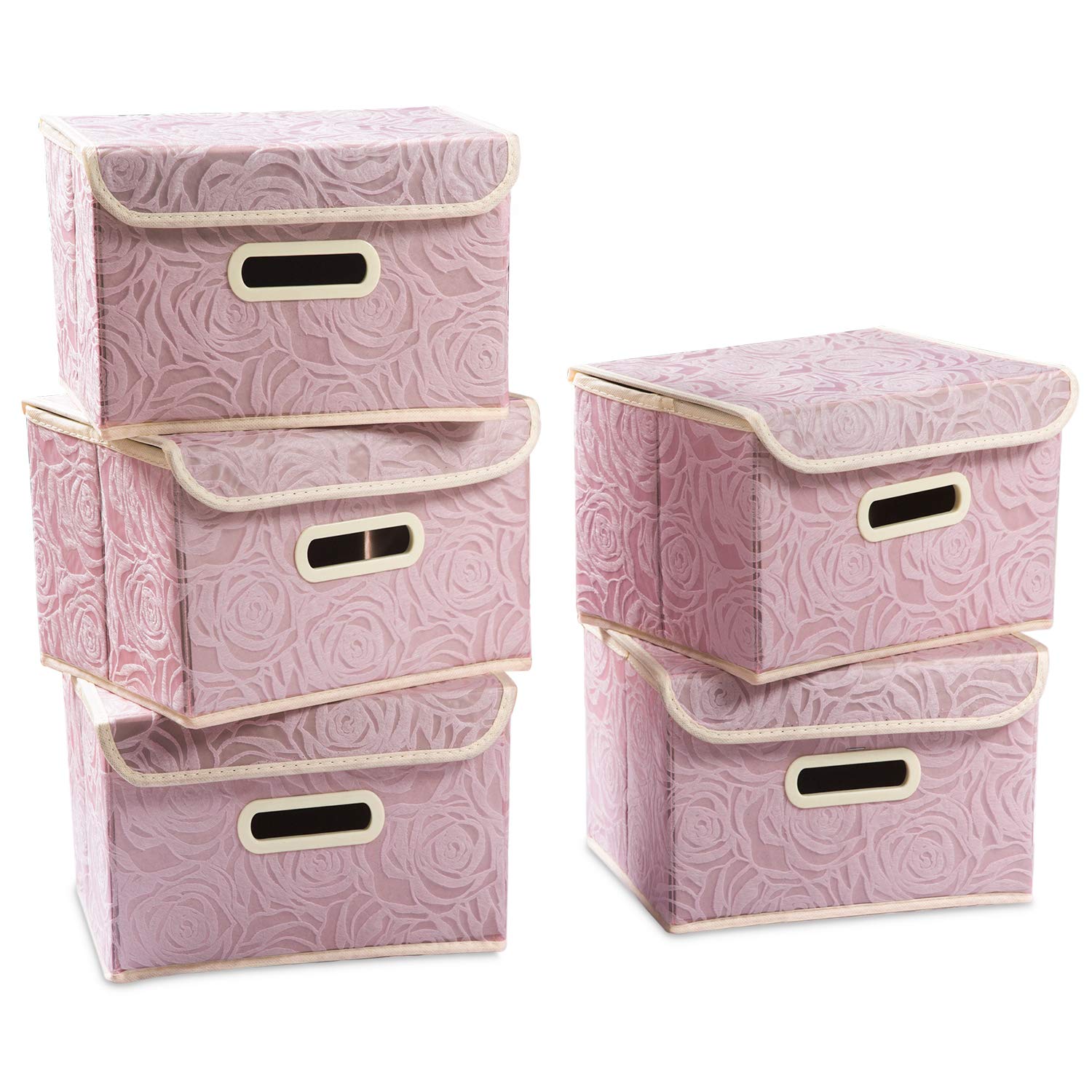 PRANDOM 5-Pack Foldable Fabric Storage Bins with Lids - Decorative Organizer Boxes with Handles & Dividers (9.8x7.9x6.7 Inch, Pink) for Bedroom, Closet, Living Room, Nursery & Office Organization