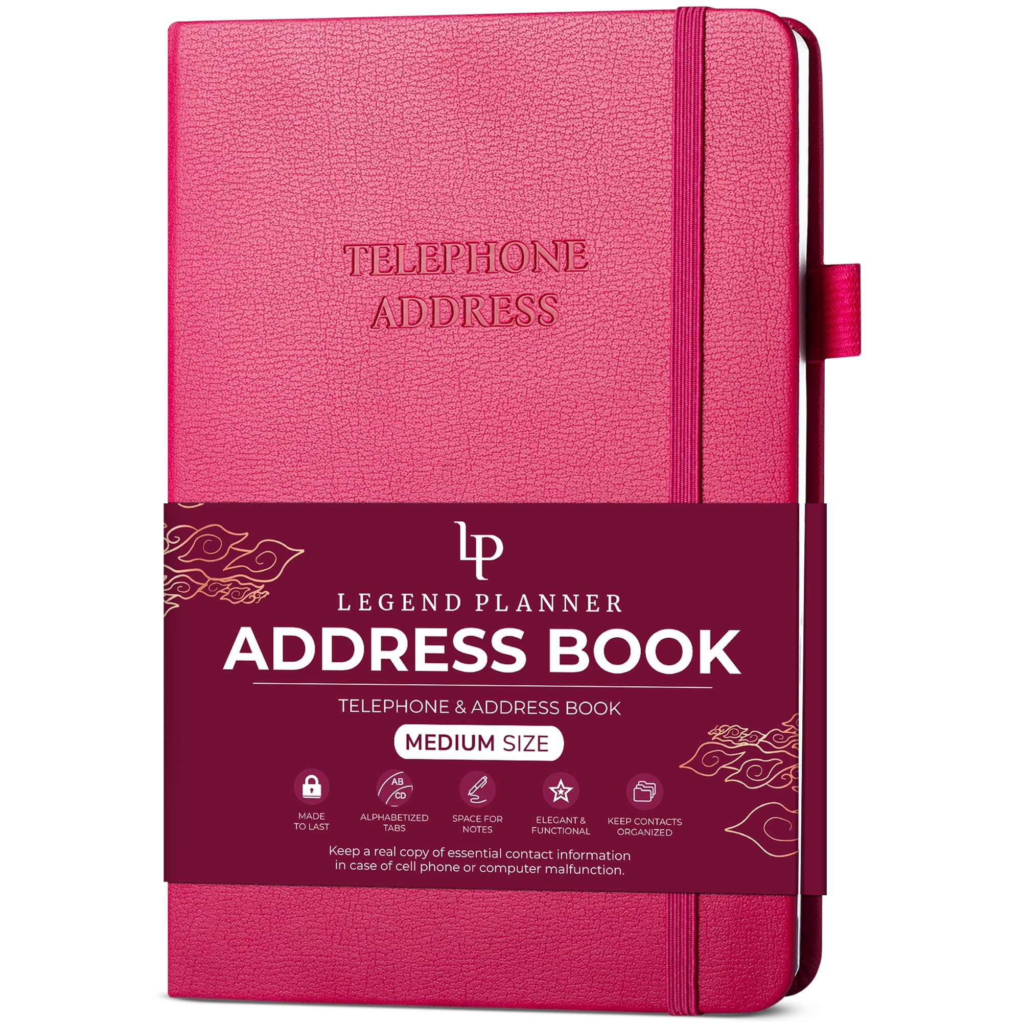Legend Planner Alphabetical Address Book with Tabs - Organize Phone Numbers, Addresses & Passwords | Medium Size | Hot Pink | Perfect for Home, Office & Gift Giving