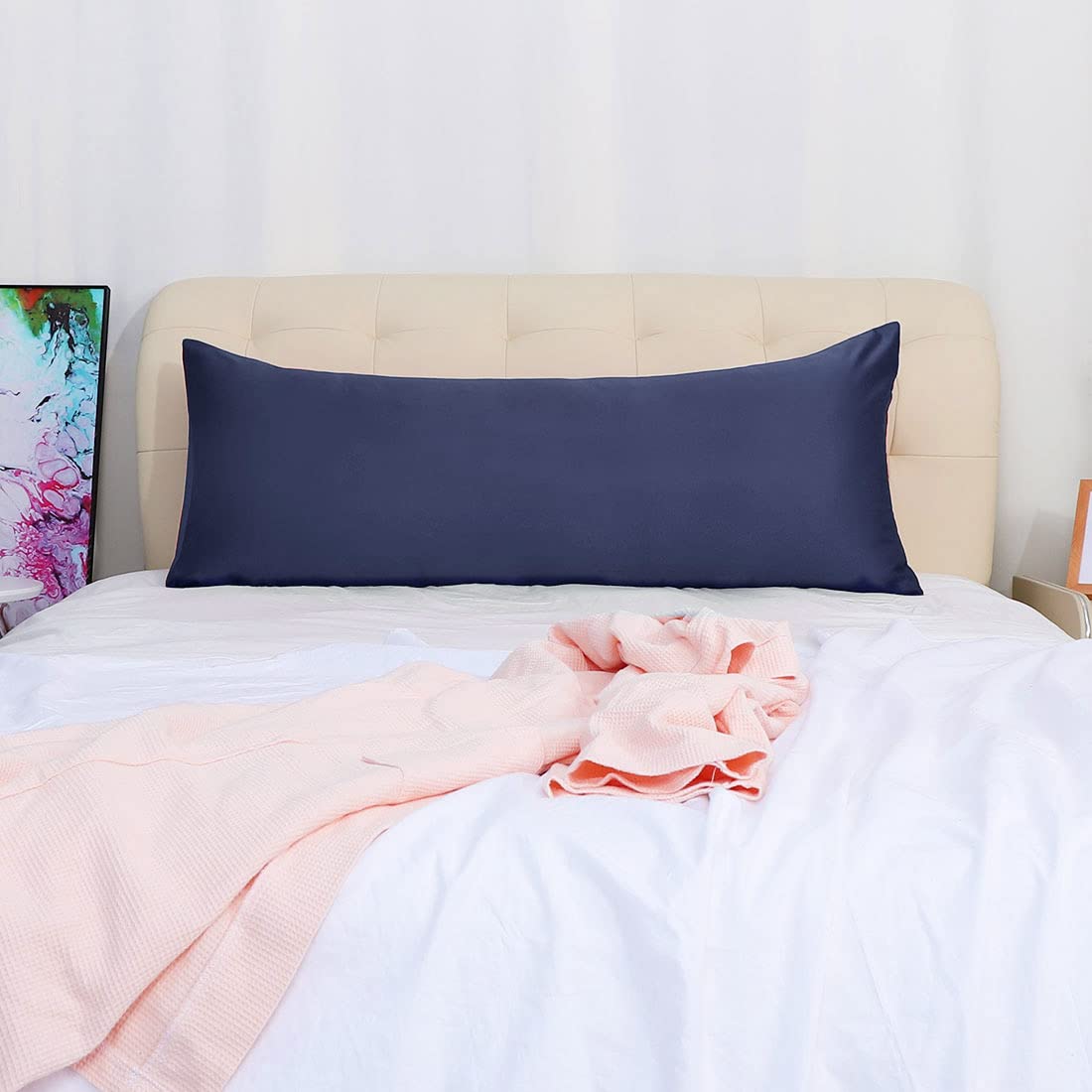 Luxury Navy Blue Silky Satin Body Pillow Cover 20x72 Inch - Cooling Anti-Wrinkle Pillowcase for Hair & Skin Care - Perfect for Sleeping, Travel & Home Decor