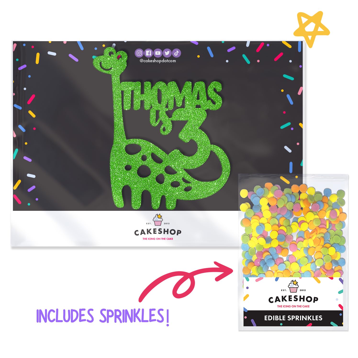Custom Dinosaur Cake Topper - Personalized Birthday Glitter Cake Decoration for 1st to 18th Birthday Parties | Any Name & Age | Green Sparkle Design | Perfect for Kids Birthday Cakes, Dinosaur Themed Parties & Special Celebrations