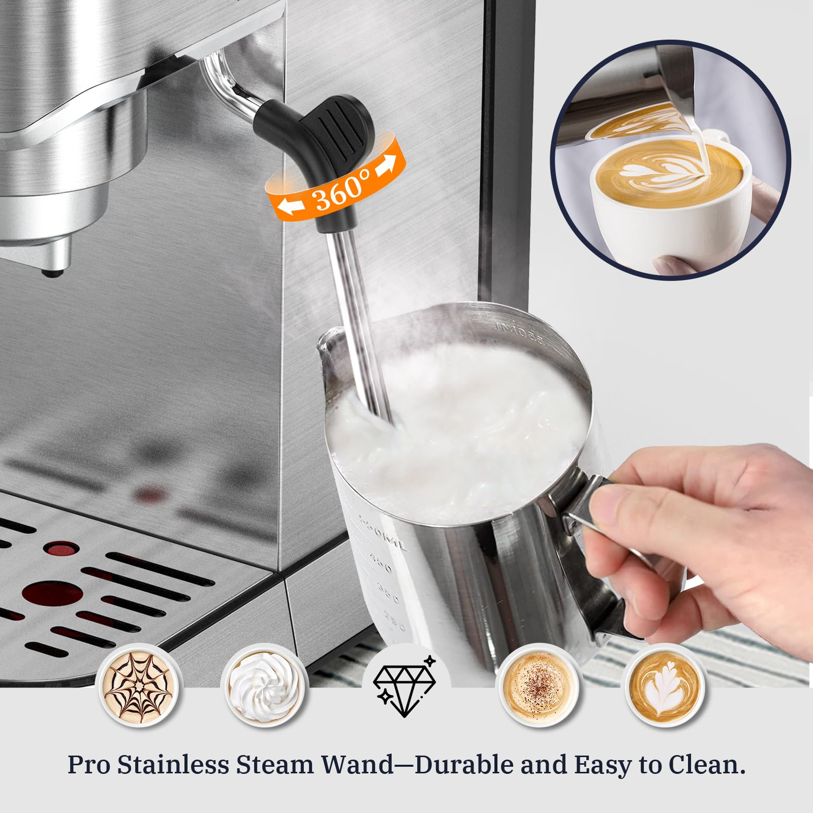Premium 20 Bar Espresso Coffee Machine with Milk Frother - Compact Stainless Steel Coffee Maker for Cappuccino & Latte - 34oz Removable Water Tank - Perfect for Home, Office, and Small Cafes