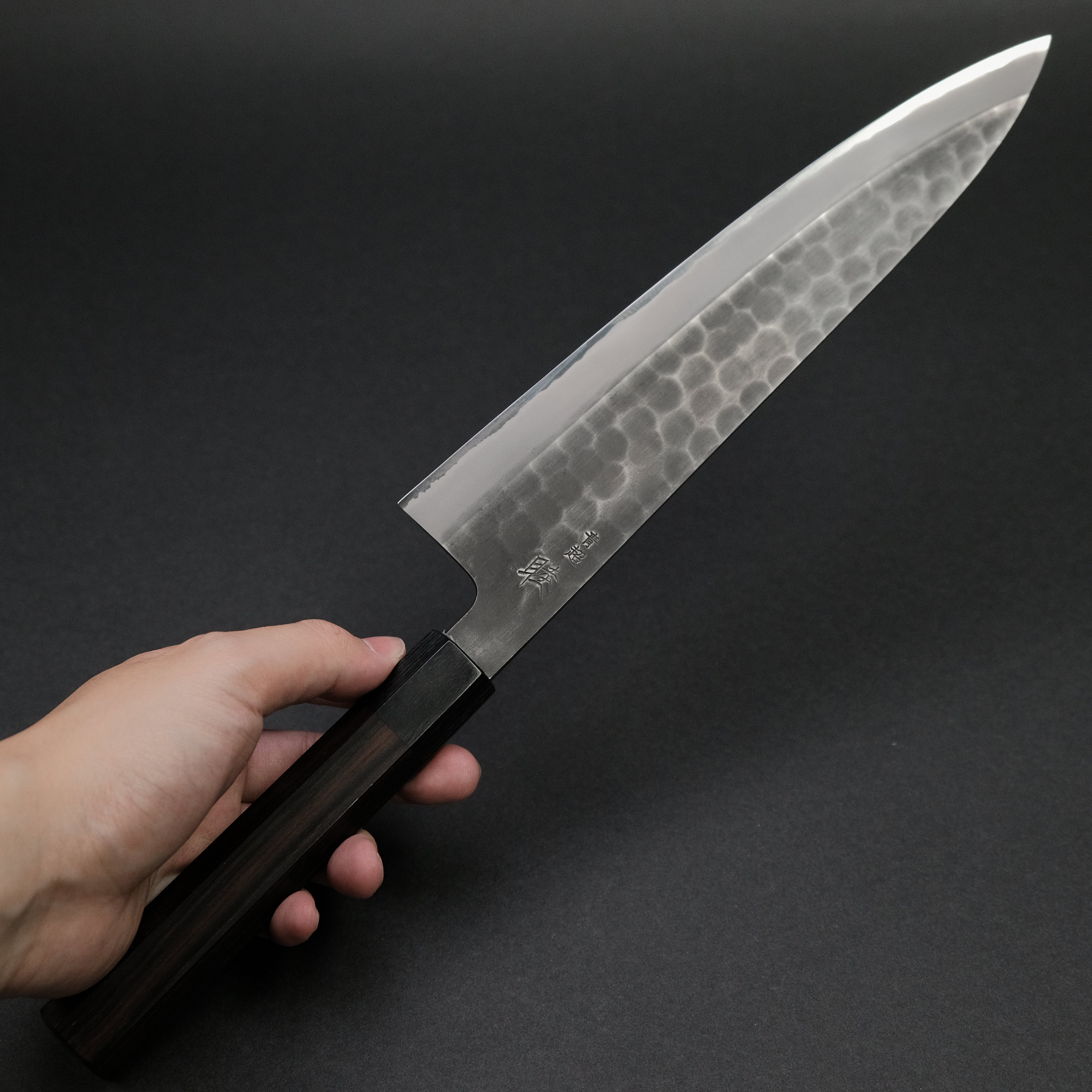 Premium Mutsumi Blue Super Kurouchi Tsuchime Gyuto Japanese Chef Knife 240mm with Ebony Handle - Perfect for Professional Chefs & Home Cooking Enthusiasts