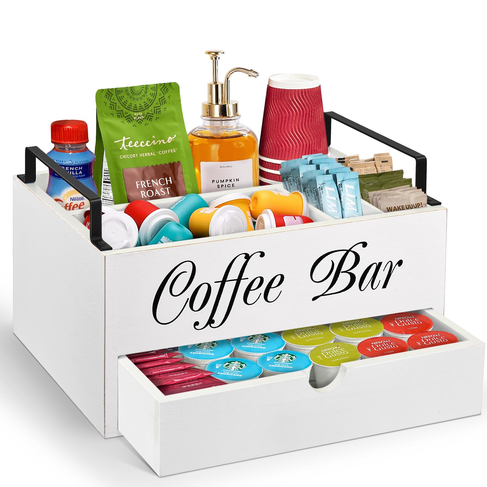 Wooden Coffee Bar Organizer with Handle & Drawer - K-Cup Storage Basket, Coffee Pod Holder & Condiment Organizer - Farmhouse-Style Countertop Coffee Station for Home, Office & Kitchen Decor