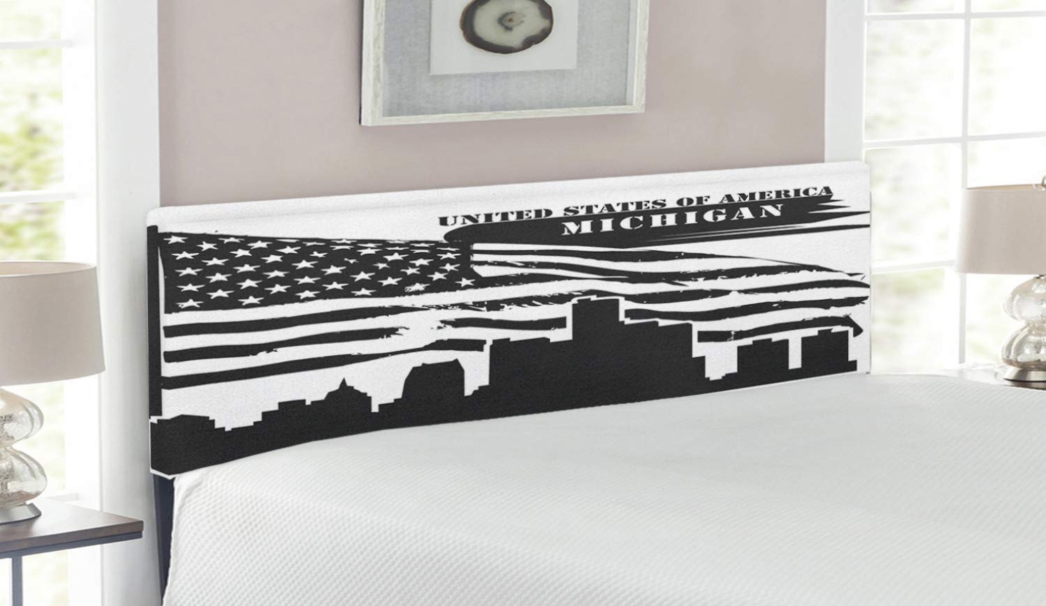 Ambesonne Detroit Headboard - Monochrome Grunge City Silhouette with American Flag Design | Upholstered Decorative Metal Bed Headboard with Memory Foam | Queen Size in Charcoal Grey & White | Perfect for Modern Bedroom Decor & US-Themed Home Interiors