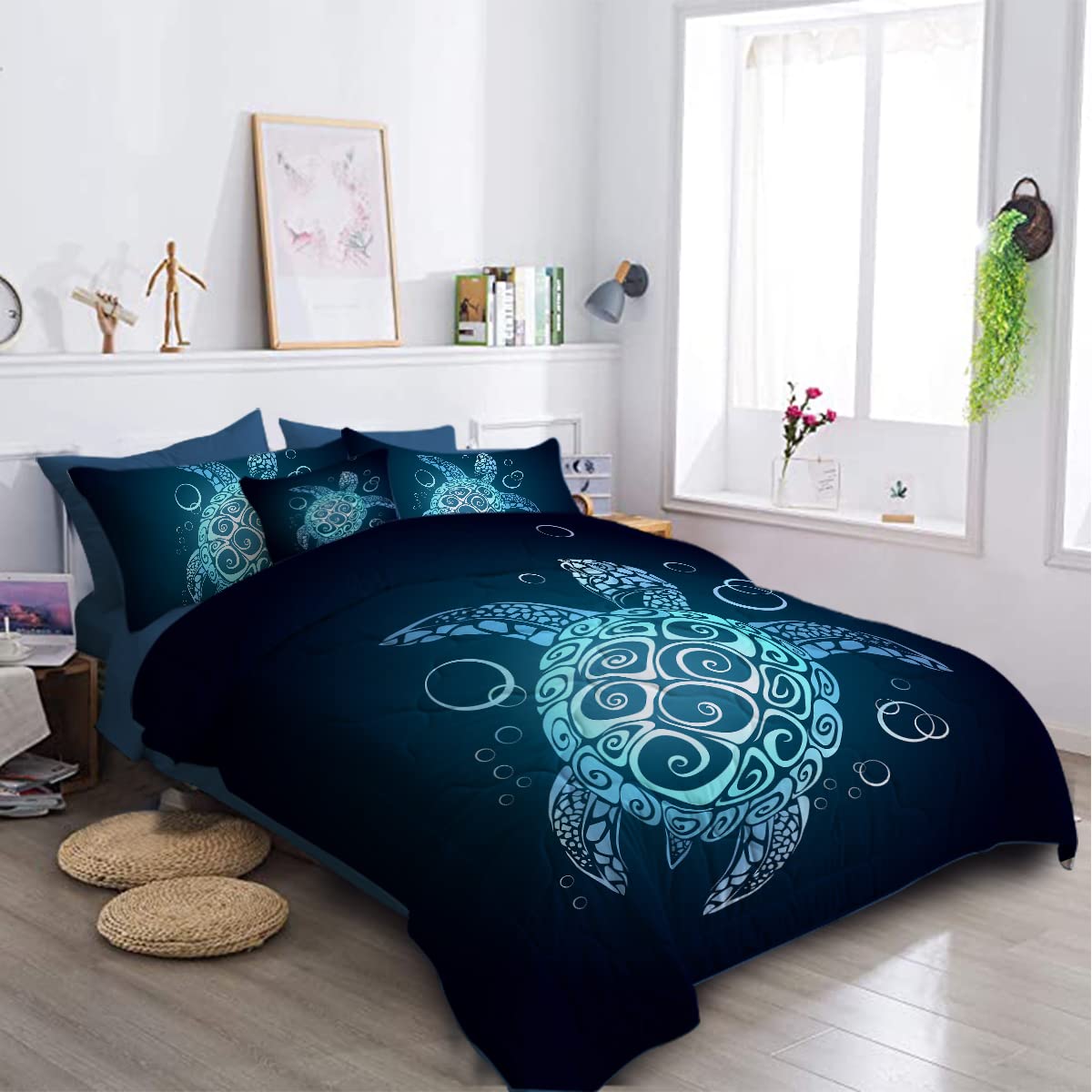 BlessLiving Sea Turtle Comforter Set - Queen Size 8-Piece Bed-in-a-Bag with Sheets, Shams & Decorative Pillow | Teal Turquoise Coastal Beach Theme Bedding | Perfect for Guest Rooms, Vacation Homes & Ocean-Themed Bedrooms