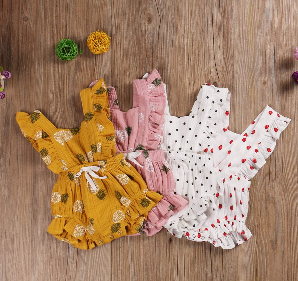 Pineapple Print Cotton Linen Baby Girl Romper with Ruffles & Headband - Newborn Toddler Summer Outfit for Beach, Photo Shoots & Casual Wear