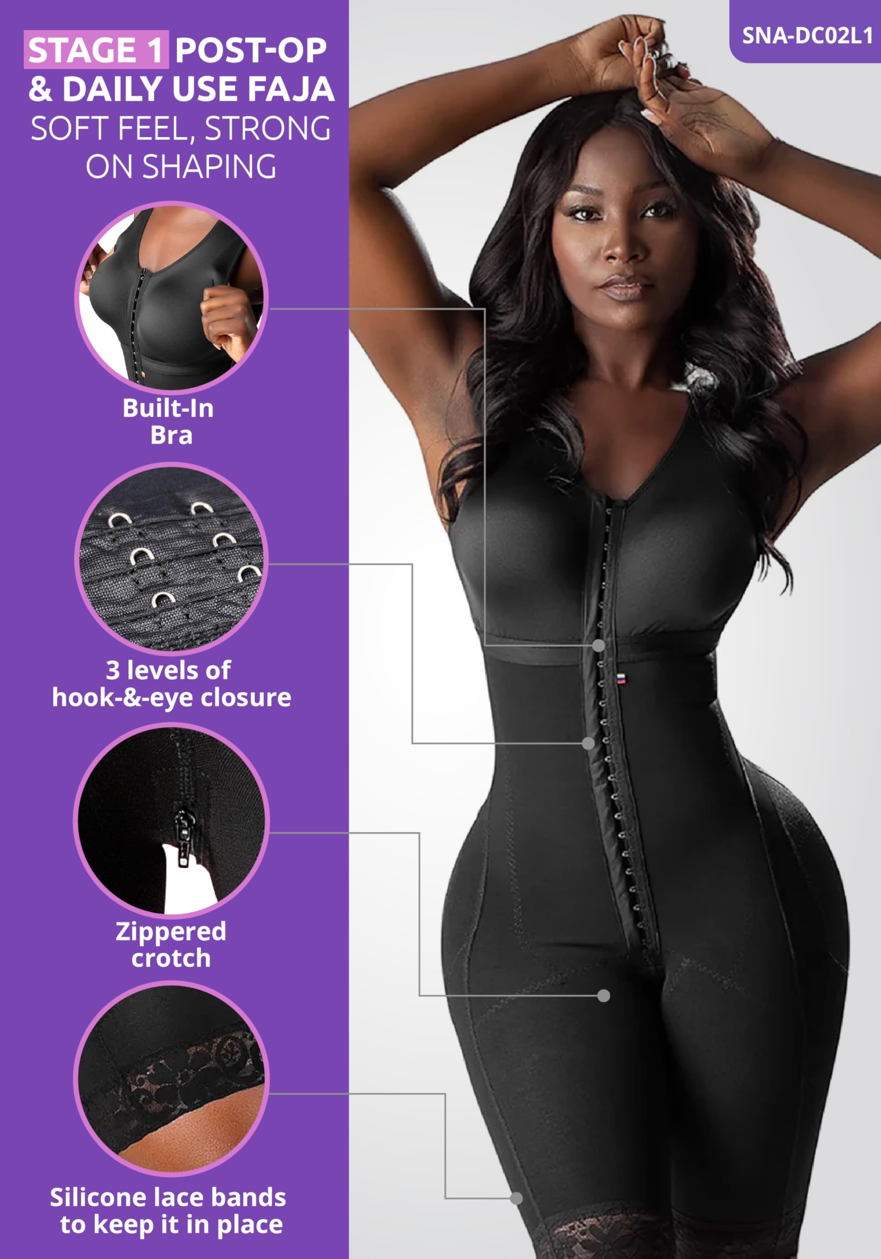 Snatched Body - Women's Stage 1 Faja Colombianas with Bra Shapewear | BBL Post Surgery Compression Garment for Butt Lifting | Perfect for Postpartum Recovery & Waist Training