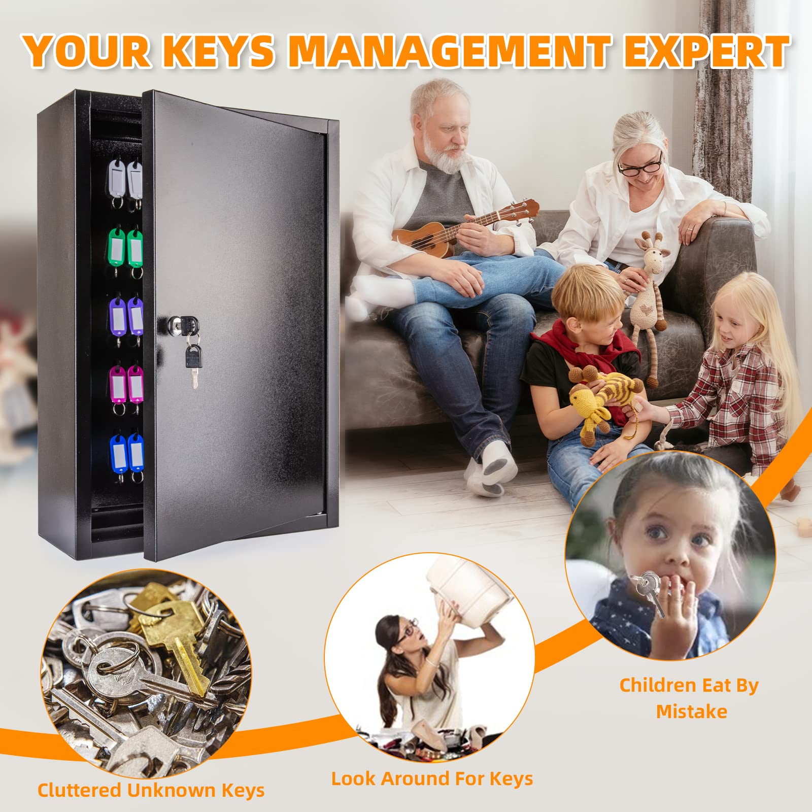 Wall Mount Key Organizer with 200 Hooks & Secure Key Lock Box - Durable Key Storage Cabinet for Home, Office, Hotel & Car Keys - Perfect for Property Managers, Landlords & Key Control Security (Black)