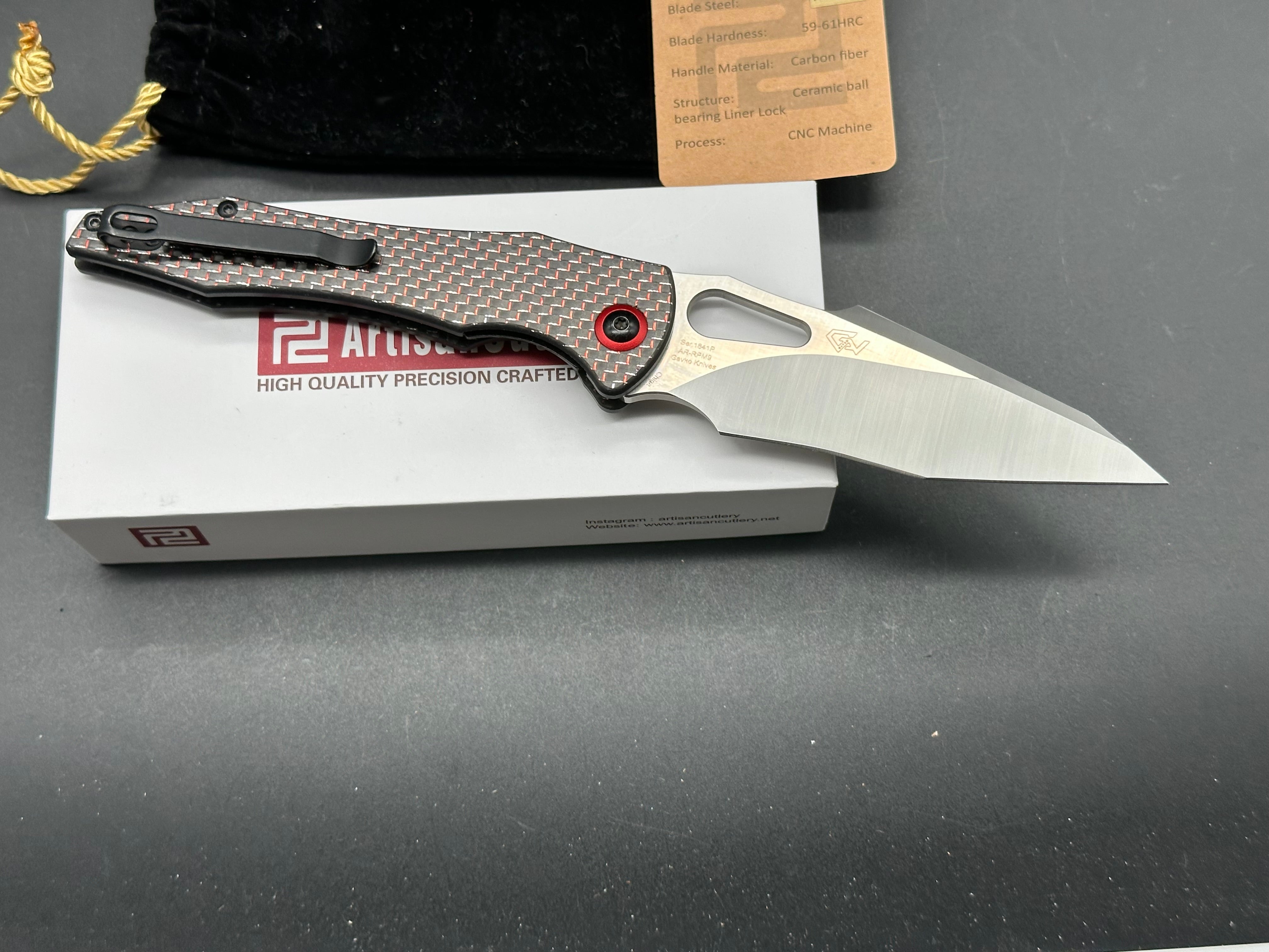 ARTISAN CUTLERY GREAT WHITE Folding Knife - Black & Red Carbon Fiber Handle, EDC Pocket Knife for Outdoor Camping, Hiking & Everyday Carry