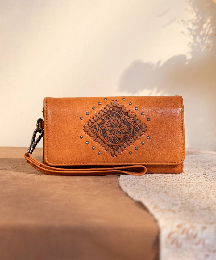 Montana West Genuine Leather Tooled Studded Wristlet Clutch Purse for Women - Perfect for Parties, Weddings & Evening Events