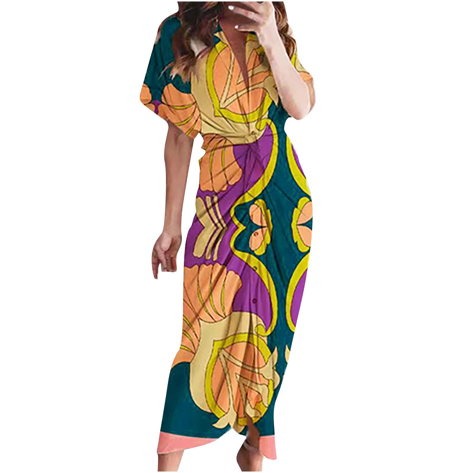 Yomiee Women's Casual Half Sleeve V-Neck Floral Print Ankle-Length Shirt Dress for Summer & Autumn | Beach Outfits, Vacation Wear, Brunch Dresses