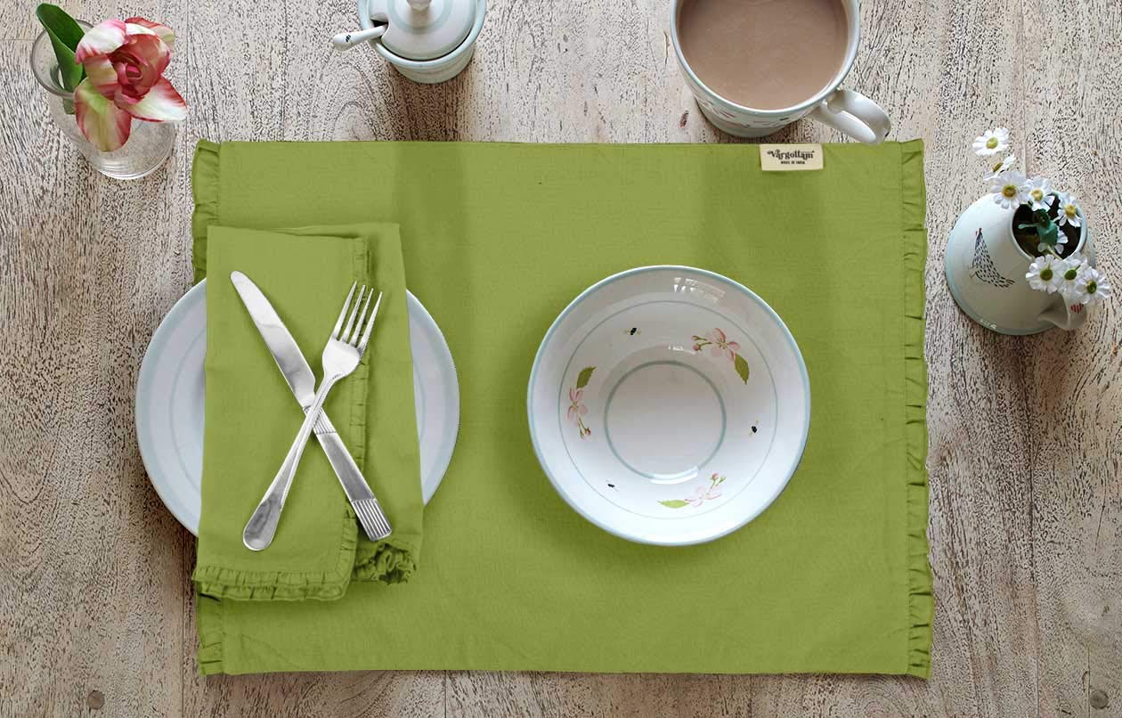 Eco-Friendly Light Green Reversible Frill Table Mats & Napkins Set - 6-Piece Dining Room Decor for Everyday Use & Special Occasions