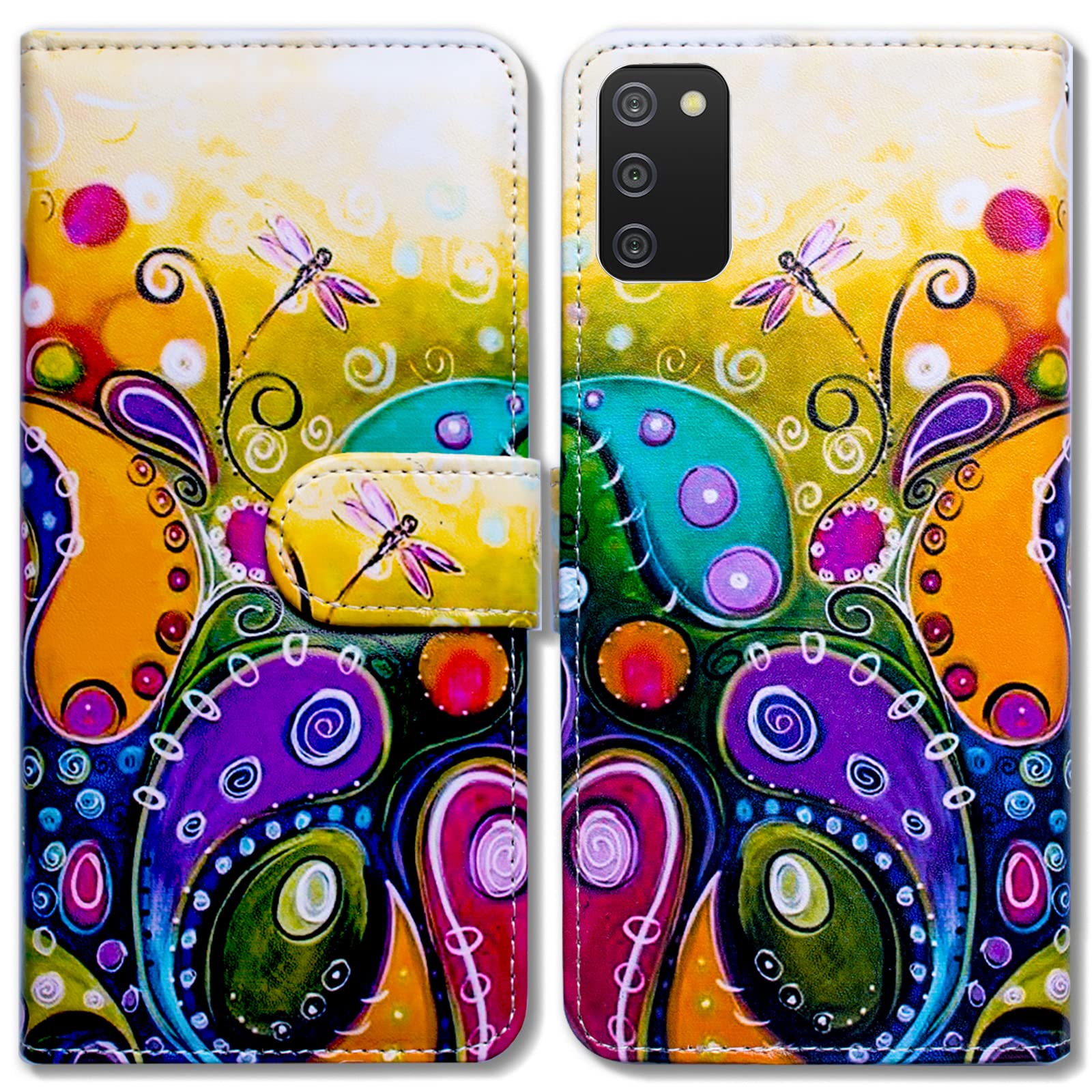 Samsung Galaxy A03s Case - Colorful Dragonfly Leather Flip Wallet Phone Cover with Card Slot Holder & Kickstand | Perfect for Daily Use, Travel, and Work