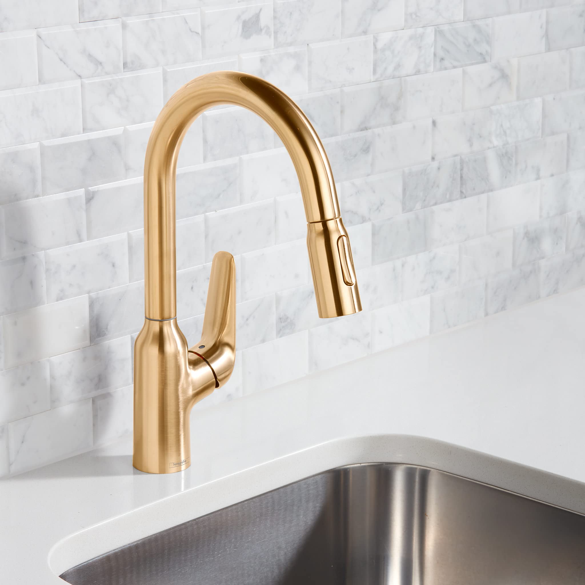Hansgrohe Focus N Gold Bar Kitchen Faucet with Pull Down Sprayer - Brushed Gold Finish (Model 71801251) - Perfect for Modern Kitchens, Bar Sinks & Food Prep Stations