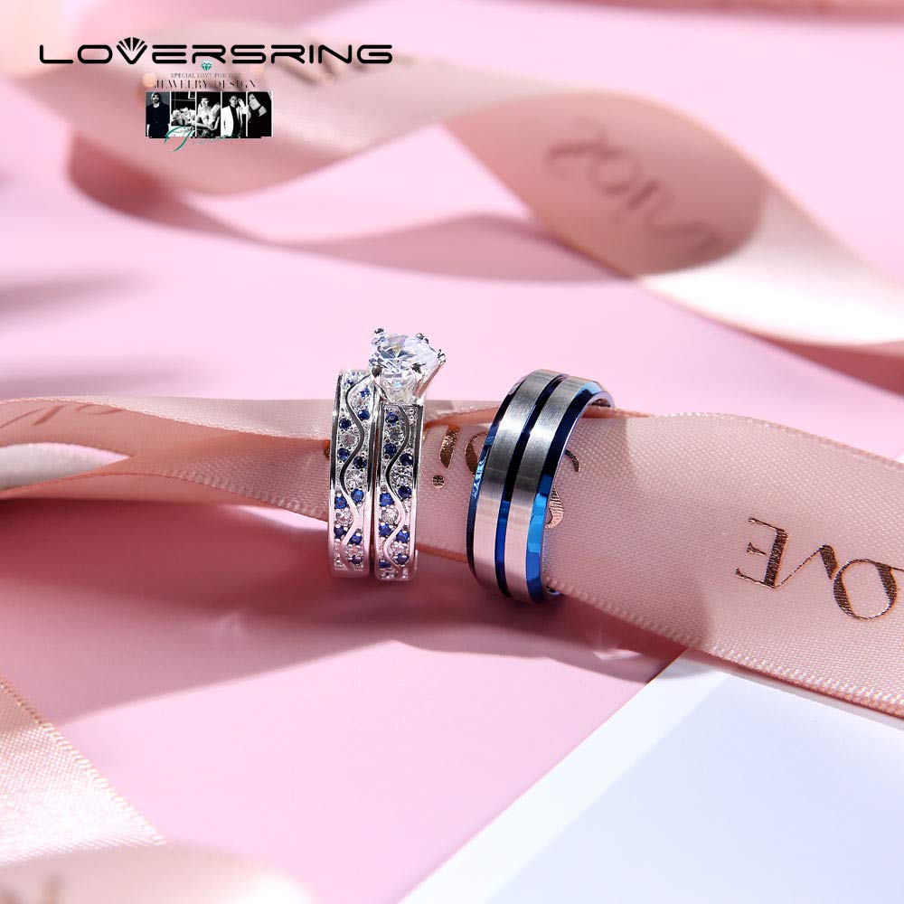 His and Hers Wedding Ring Sets - 925 Sterling Silver & Tungsten Carbide Couples Bands with Heart CZ, Brushed Finish - Perfect for Engagements, Anniversaries, and Romantic Gift Giving