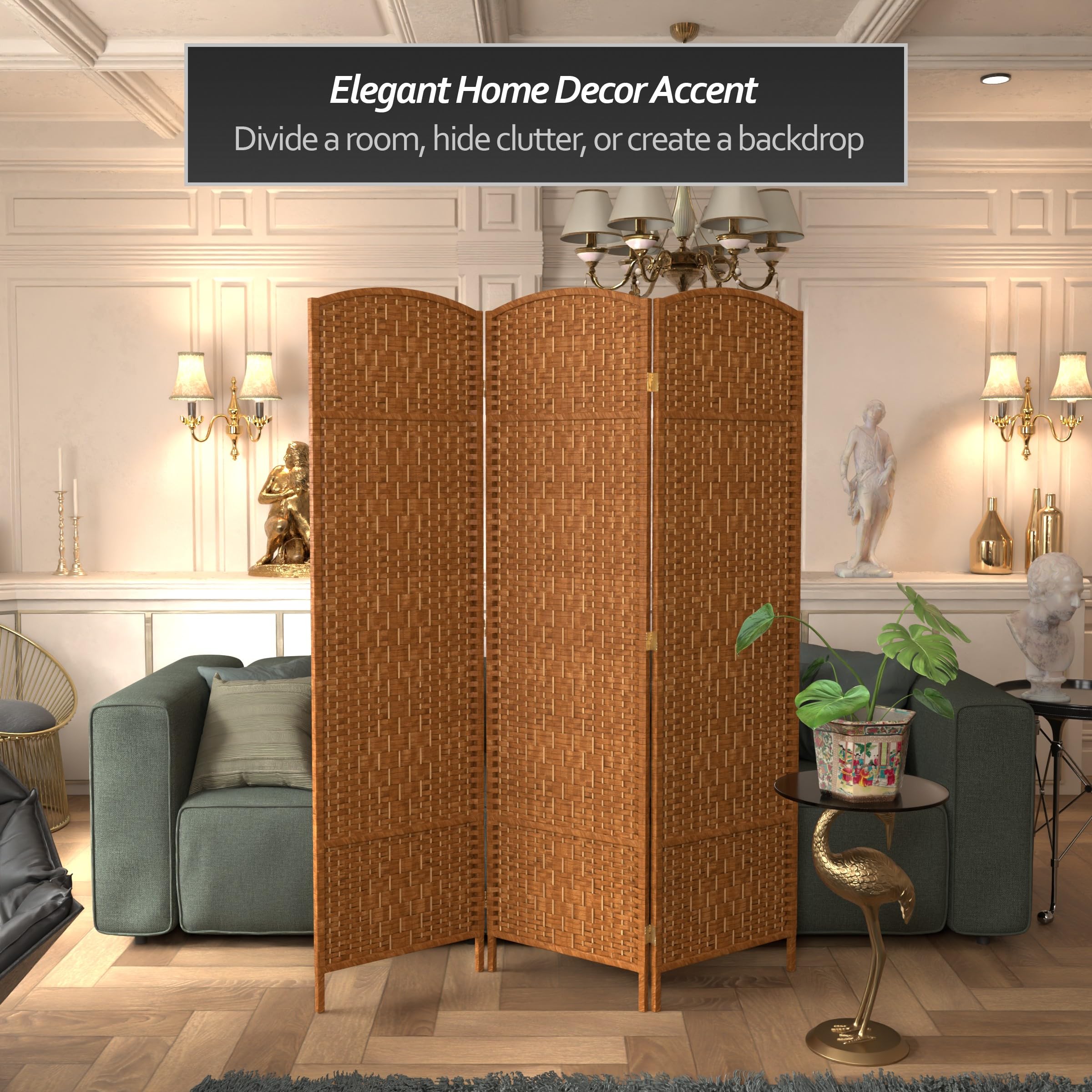 6 ft. Tall Diamond Weave Fiber Dark Beige Room Divider - 3 Panel Folding Privacy Screen for Home, Office, and Outdoor Use - Red Lantern Decorative Partition