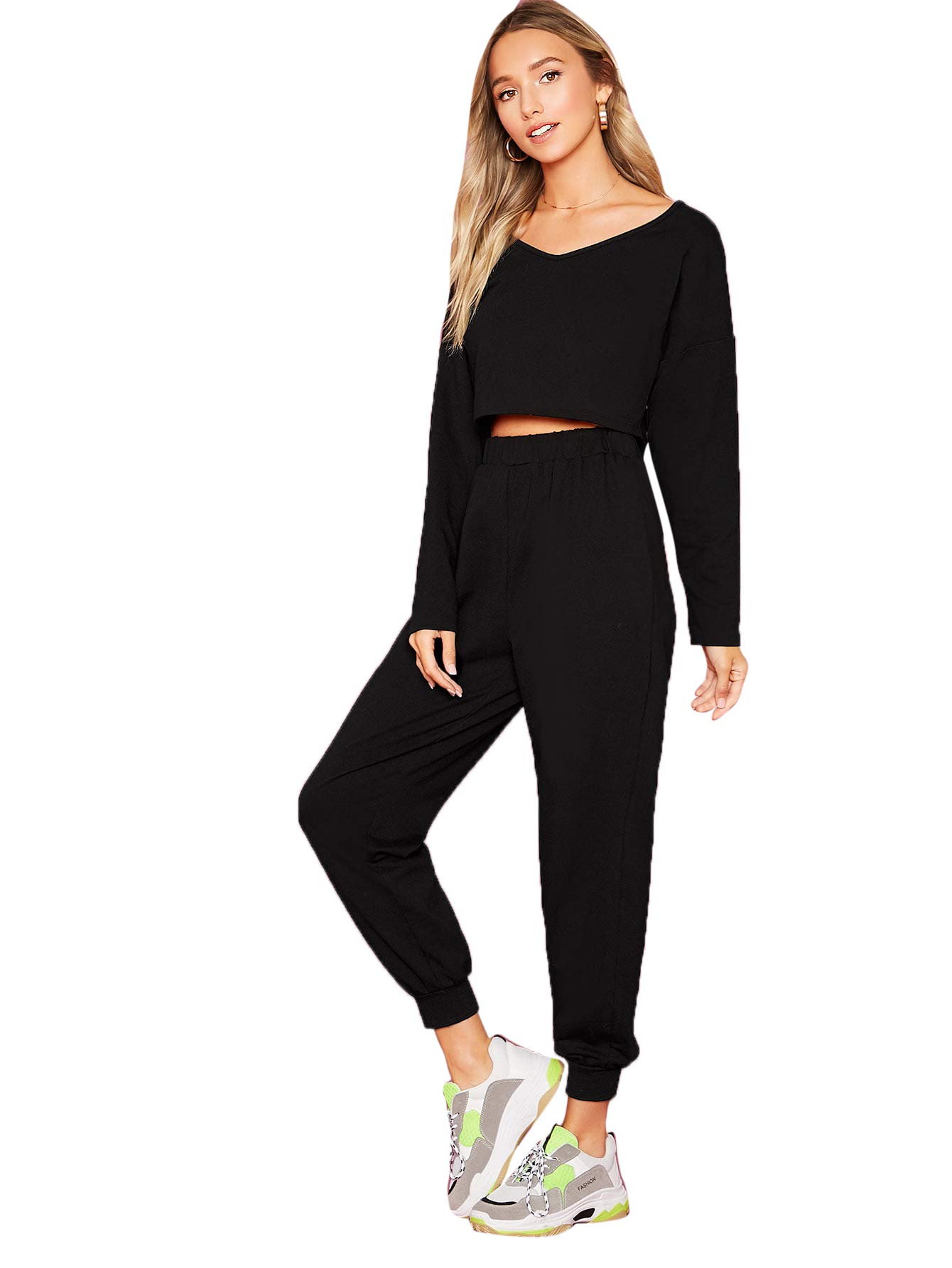 SweatyRocks Women's 2-Piece Workout Set - Long Sleeve Crop Top & High Waist Jogger Pants | Gym Outfit, Yoga Clothes, Lounge Wear, Casual Street Style