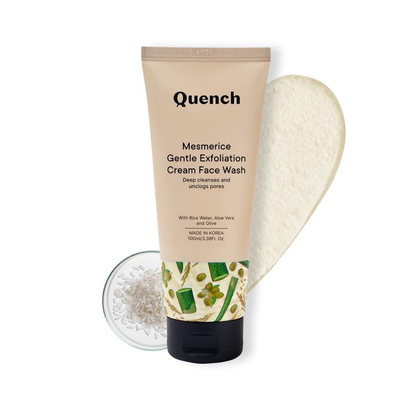Quench Rice Water Gentle Exfoliating Face Wash | Korean Skincare for Glowing Skin | Brightening & Hydrating Cream Cleanser with Aloe Vera & Vitamin E | Made in Korea (100ml) | Perfect for Daily Cleansing & Nighttime Skincare Routine