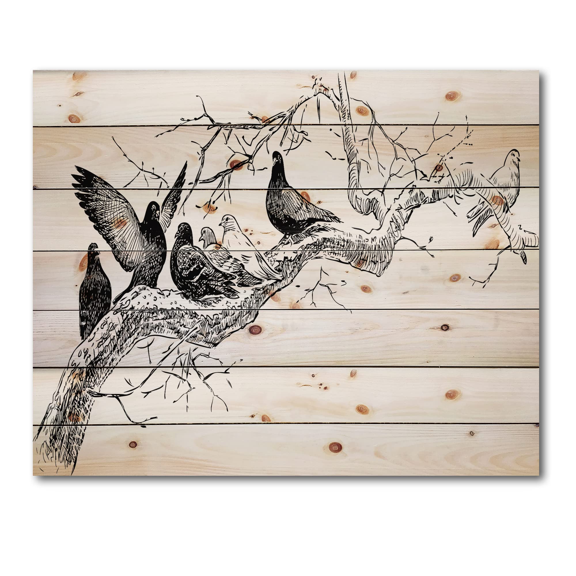 DesignQ Traditional Wood Wall Art - Pigeons on Tree Branch White Pine Wood Decor, Large Landscape Wall Panels for Living Room, Bedroom & Office