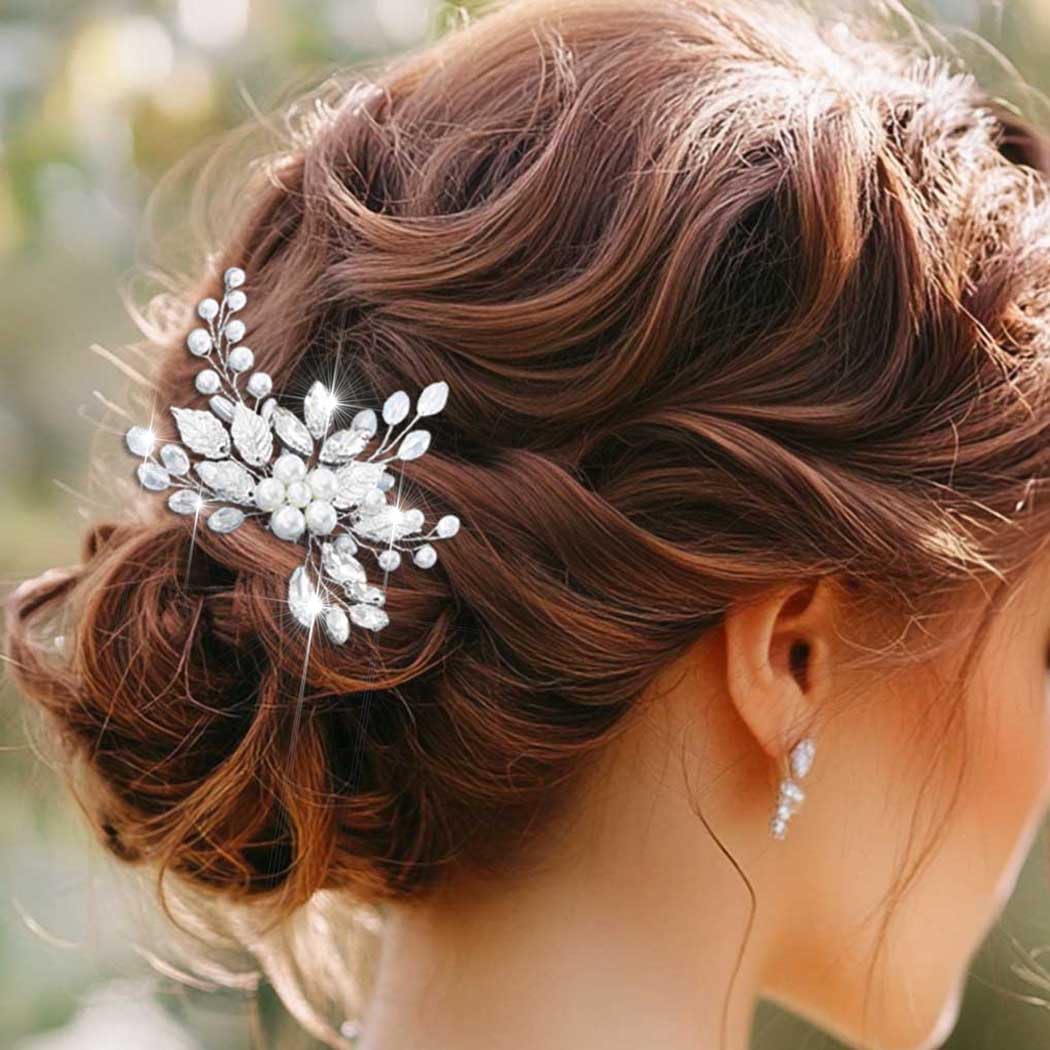 Pearl Bridal Hair Pins - Silver Leaf Rhinestone Hair Accessories for Wedding & Parties