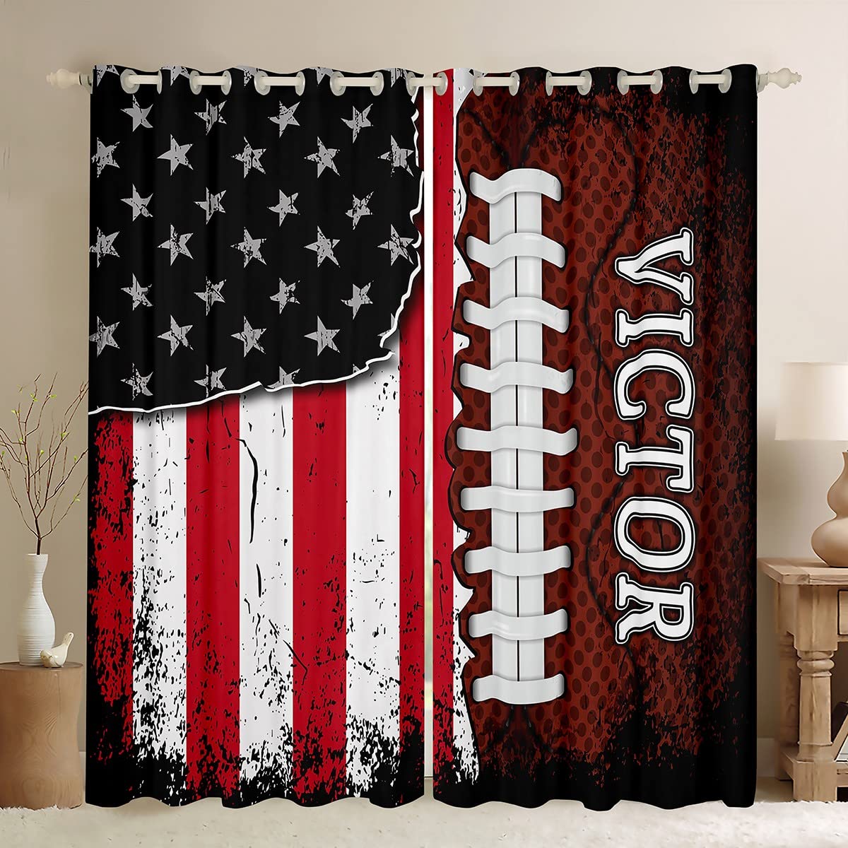 American Flag Football Curtains for Boys Bedroom - 42x63 Inch Retro Rugby Sports Window Drapes, Vintage Red Black Stars & Stripes 2-Panel Set - Perfect for Kids Room, Game Room & Sports Themed Decor