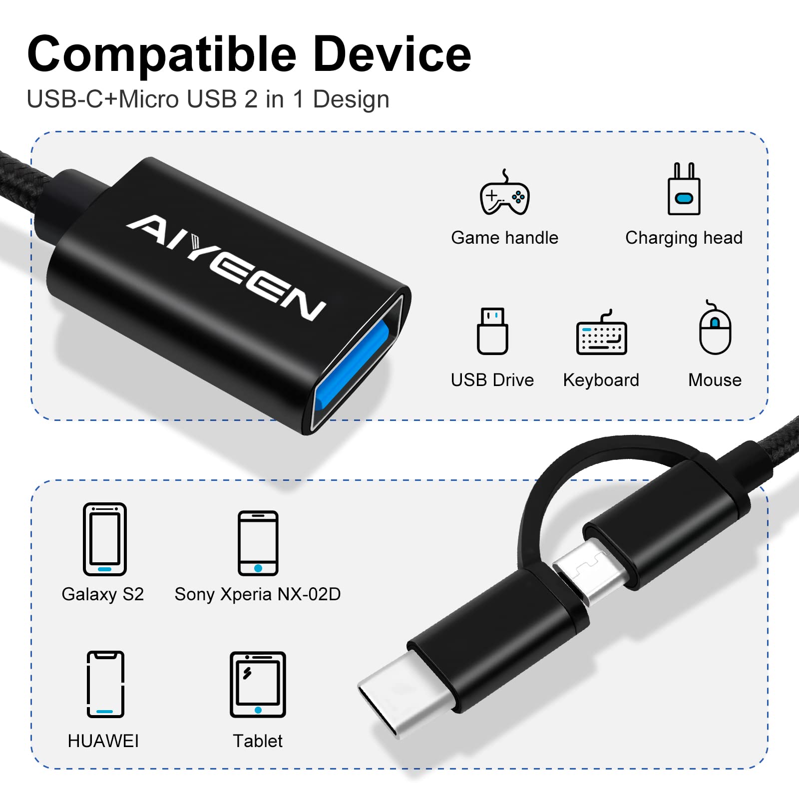 AIYEEN 2-in-1 USB C to USB Adapter & Micro USB OTG Cable - USB 3.0 Fast Data Transfer Compatible with MacBook Pro, Samsung Galaxy, Google Pixel, Android Phones - Perfect for Travel, Office & Charging Multiple Devices (Black)