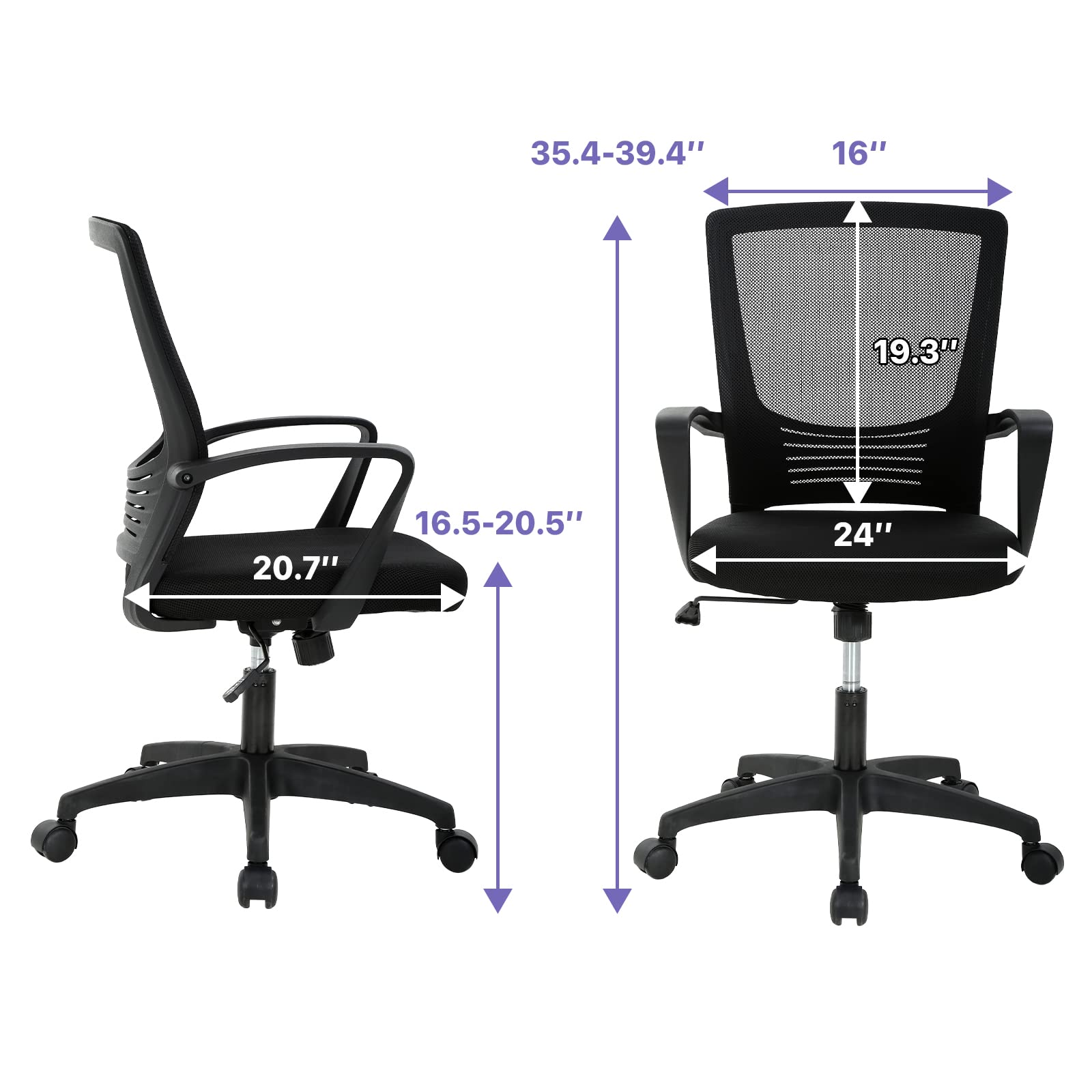Ergonomic Mesh Office Chair with Lumbar Support & Adjustable Armrests - Heavy Duty Swivel Rolling Computer Desk Chair for Home Office, Study, or Gaming - Black