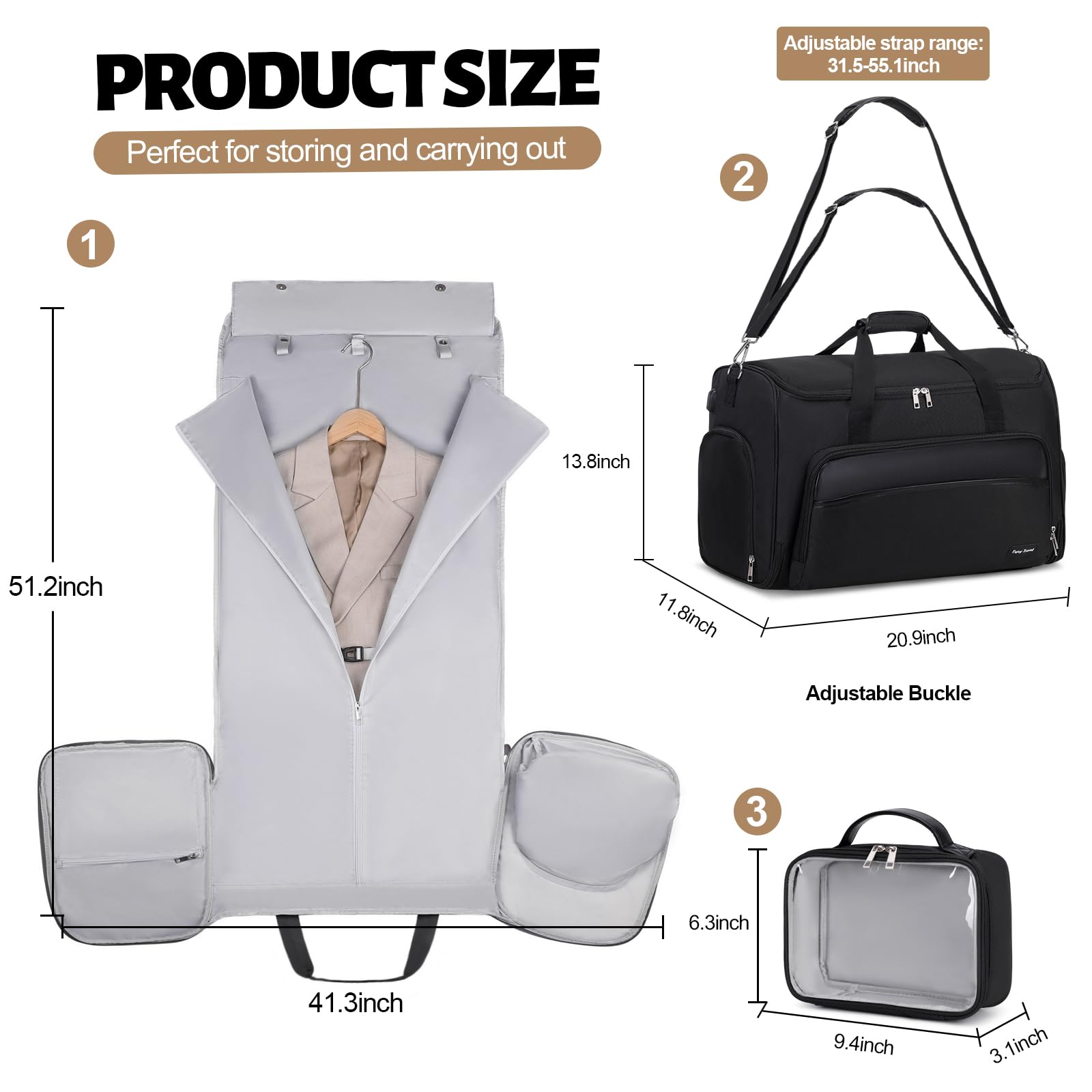 Convertible 4-in-1 Travel Duffle Bag for Men & Women - Hanging Garment Backpack with Shoe Compartment & Toiletry Bag - Carry On Suitcase for Business Trips, Gym, Weekend Getaways (Black)