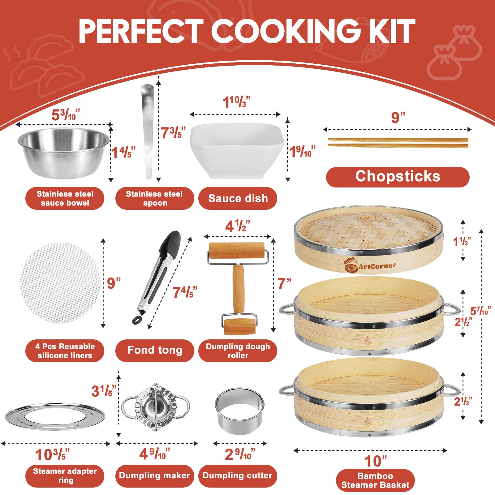 Premium 2-Tier 10-inch Bamboo Steamer Basket Set with Reinforced Rim & Comfortable Handle - Perfect for Steaming Dumplings, Buns, Dim Sum, Potstickers, Asian Cuisine & Vegetables - Ideal for Home Cooking, Meal Prep & Healthy Eating