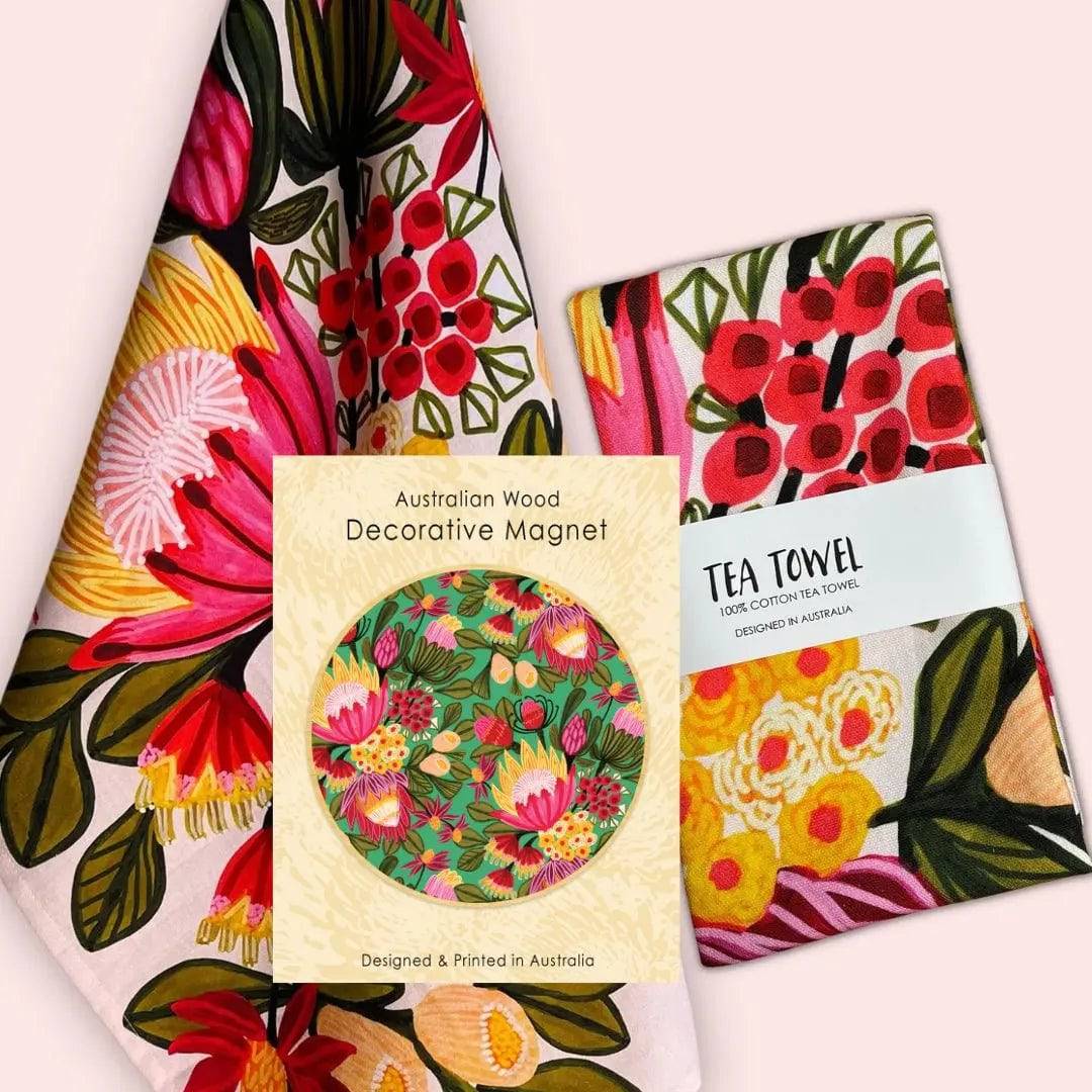 Festive Proteas Tea Towel & Wooden Fridge Magnet Gift Set - South African Floral Kitchen Decor - Perfect for Housewarming, Hostess Gifts & Holiday Decorations