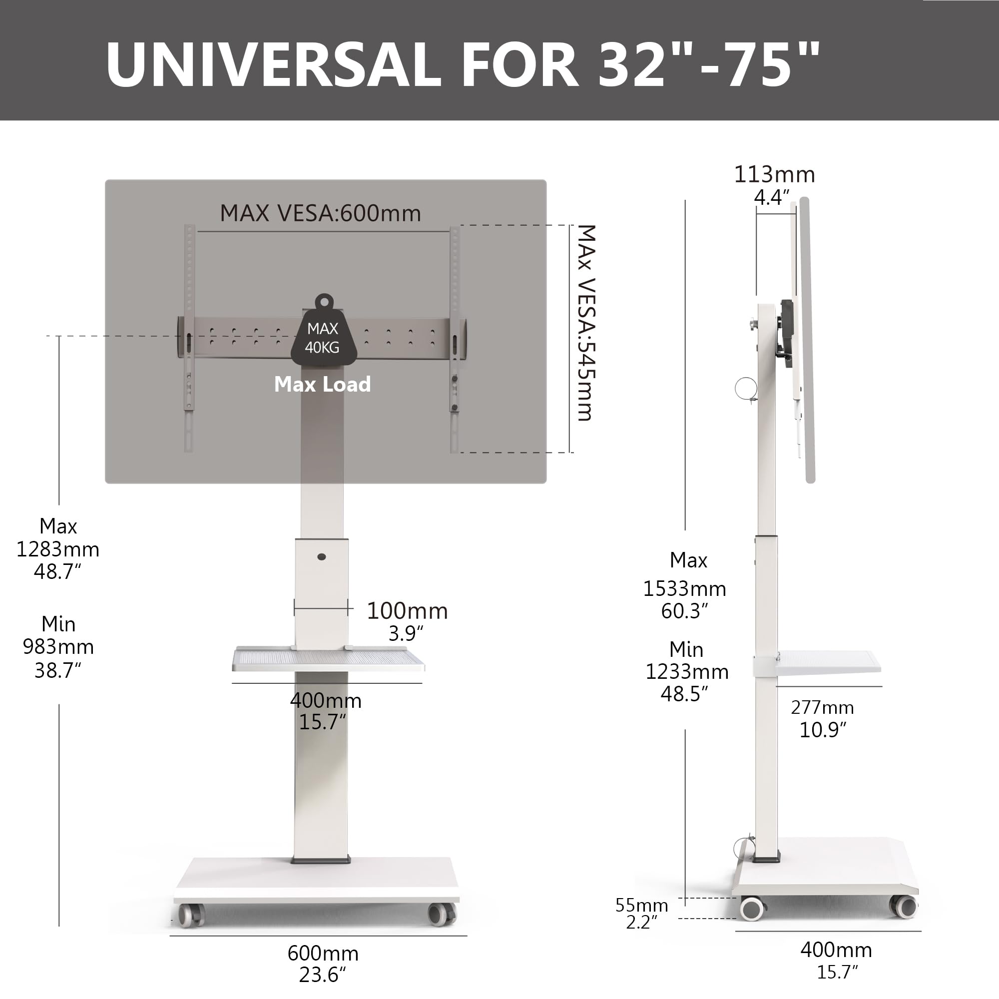 FITUEYES Universal Rolling TV Stand for 32-75 Inch Flat Screen TVs - Heavy Duty Mobile TV Cart with 360° Swivel & Adjustable Height, Supports up to 88lbs - Perfect for Living Room, Bedroom, Dorm or Office Entertainment Setup
