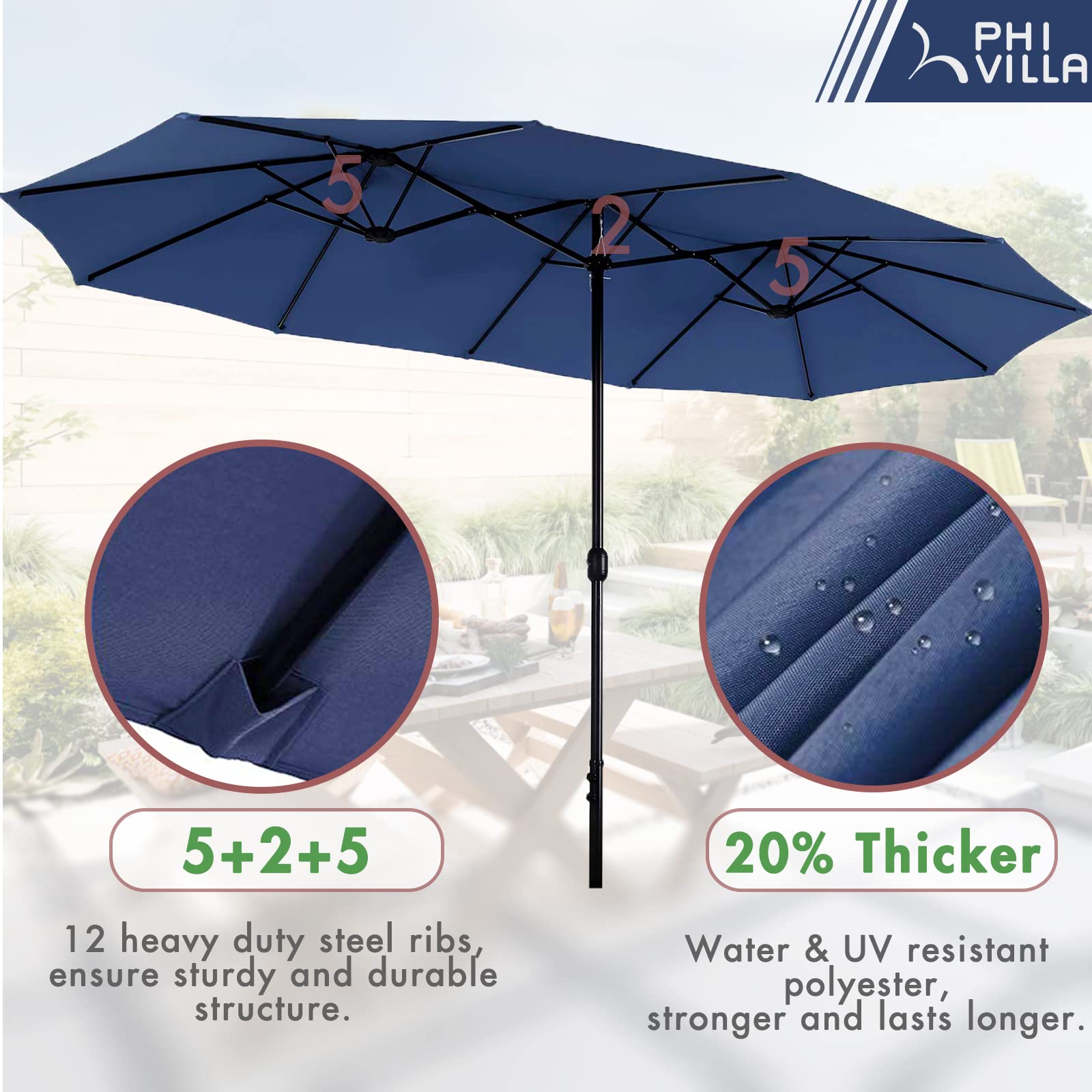 PHI VILLA 8-Piece Outdoor Patio Dining Set with 13ft Double-Sided Umbrella (Navy Blue) - 6 Stackable Metal Chairs & 60
