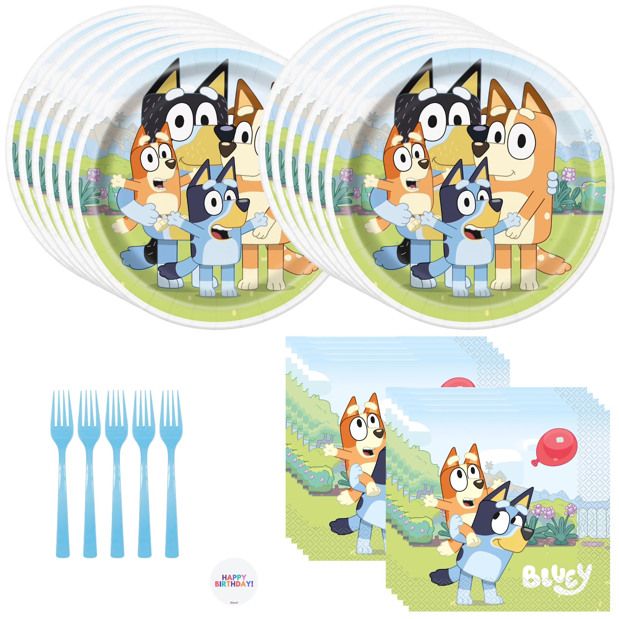 Bluey Birthday Party Supplies Set for 16 Guests - Plates, Napkins, Forks & Stickers - Kids Party Decorations for Bluey Themed Birthday Celebrations